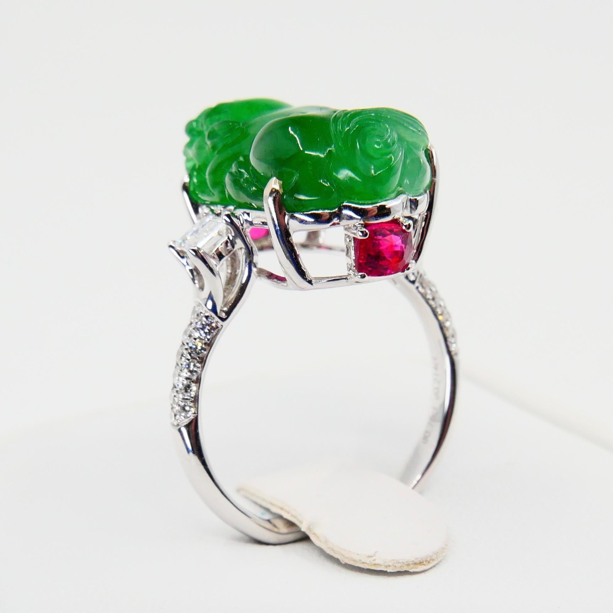 Certified Type A Jadeite Jade Spinel and Diamond Ring, Super Vivid Green Color In New Condition In Hong Kong, HK