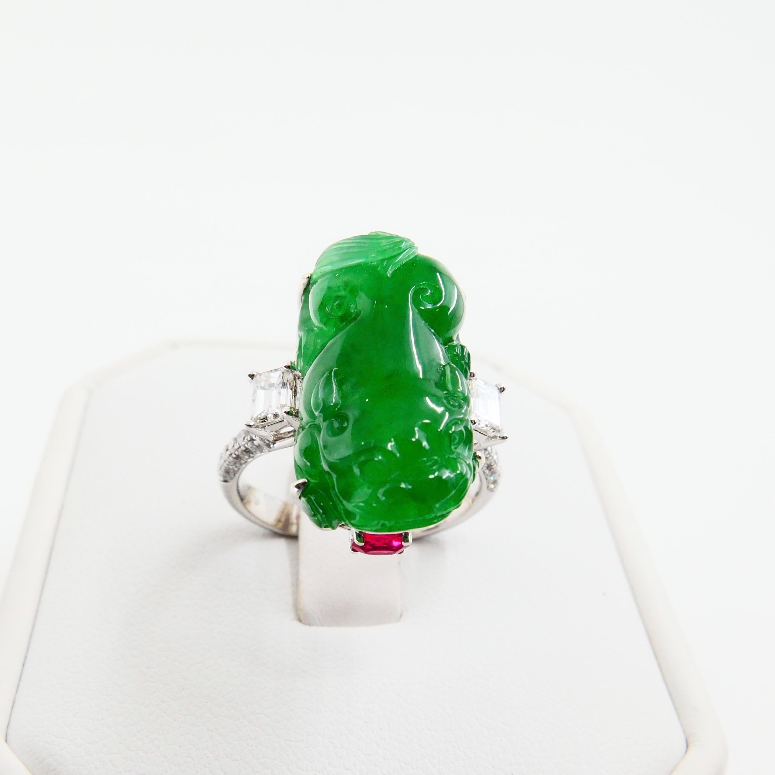 Women's Certified Type A Jadeite Jade Spinel and Diamond Ring, Super Vivid Green Color
