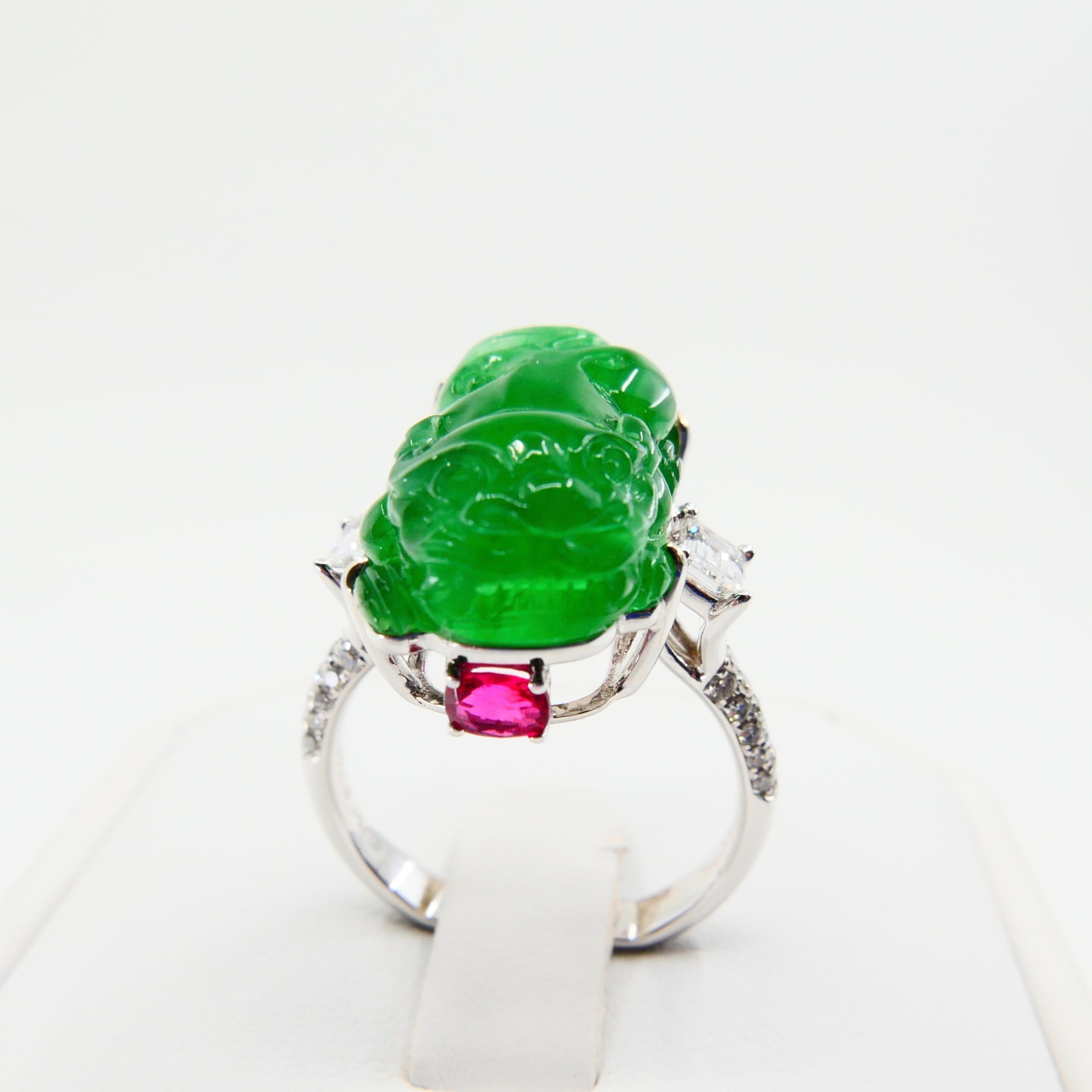 Certified Type A Jadeite Jade Spinel and Diamond Ring, Super Vivid Green Color 1