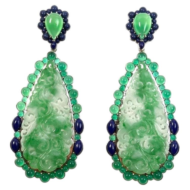Zertifizierter Typ-A-Ohrring aus Jadeit, Lapis und Achat, 18 Karat, baumelnd im Angebot