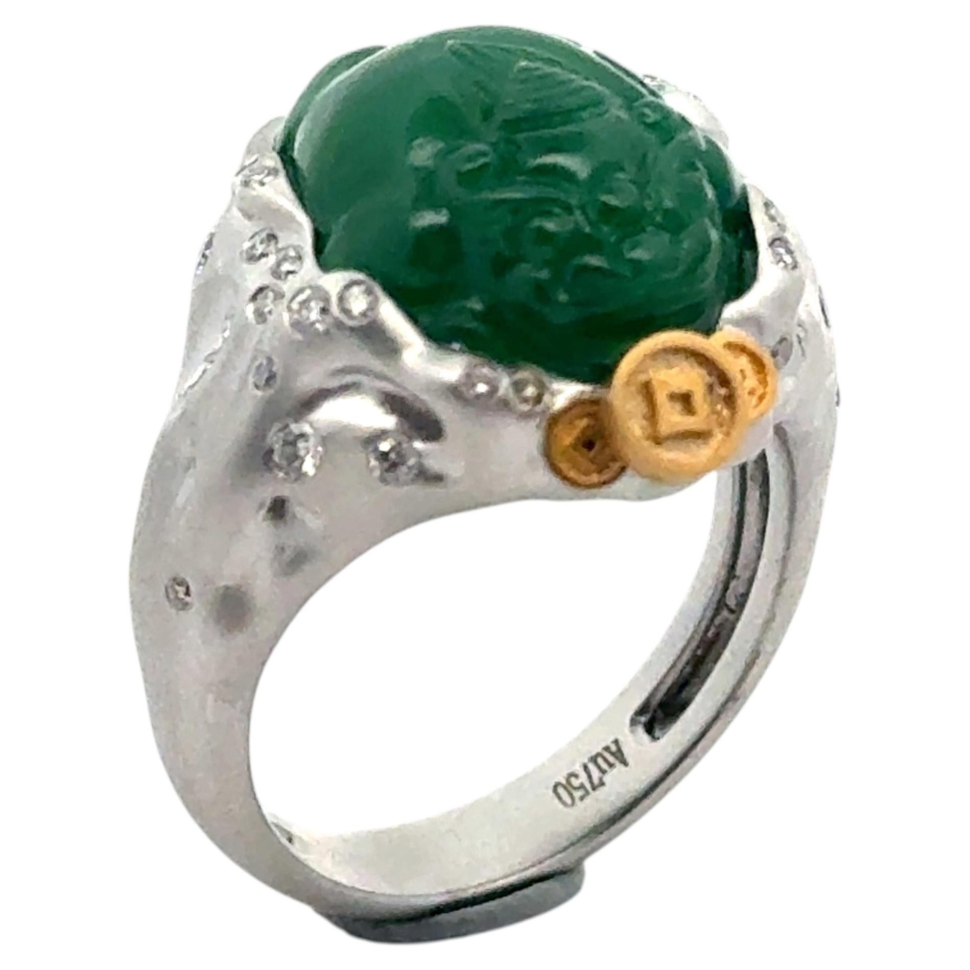 Certified Type-A Jadeite three-legged toad 18k gold ring For Sale
