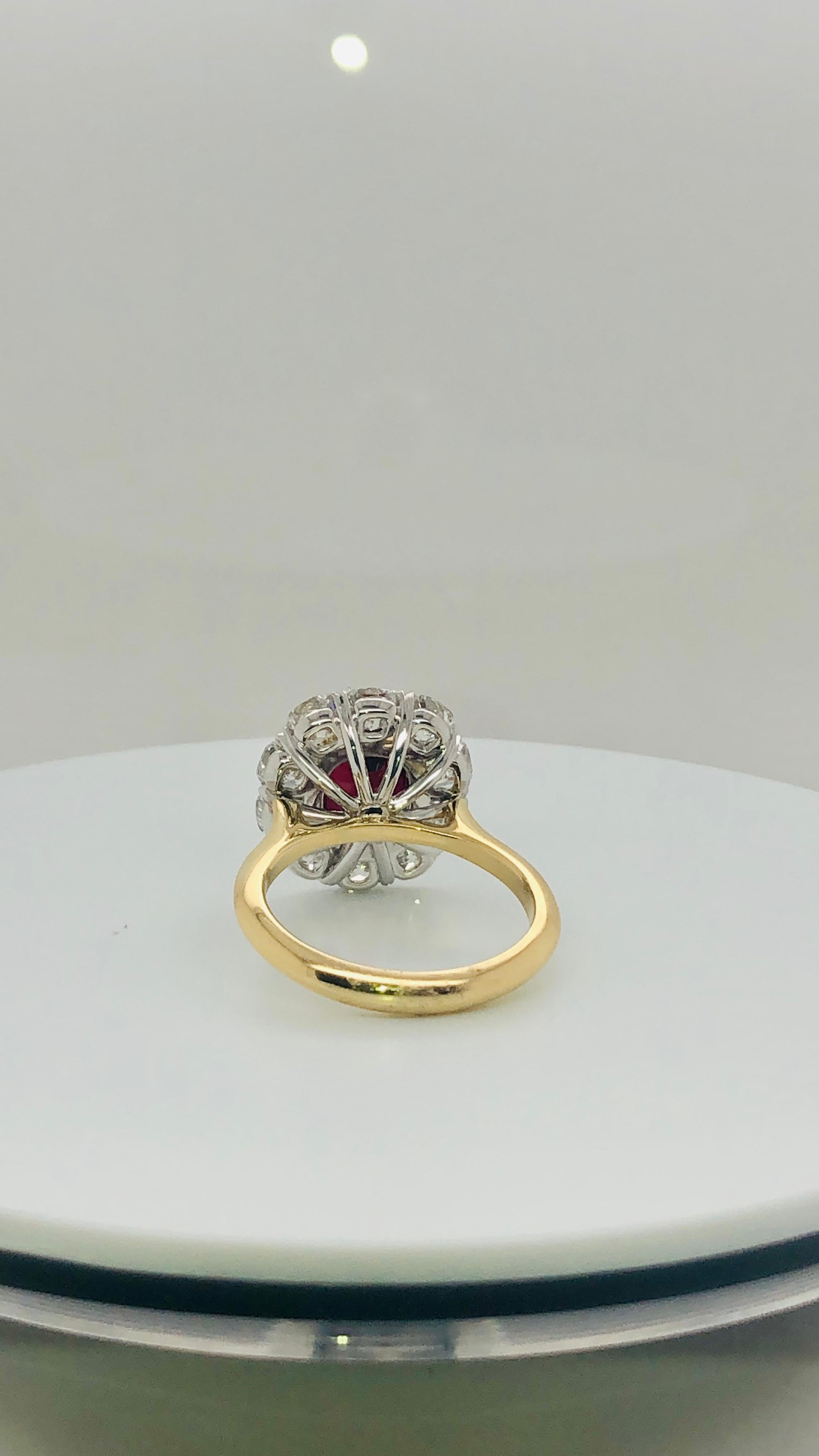Contemporary Certified Un-Heated 3.01 Carat Cushion Cut Ruby and Diamond Halo Cocktail Ring For Sale