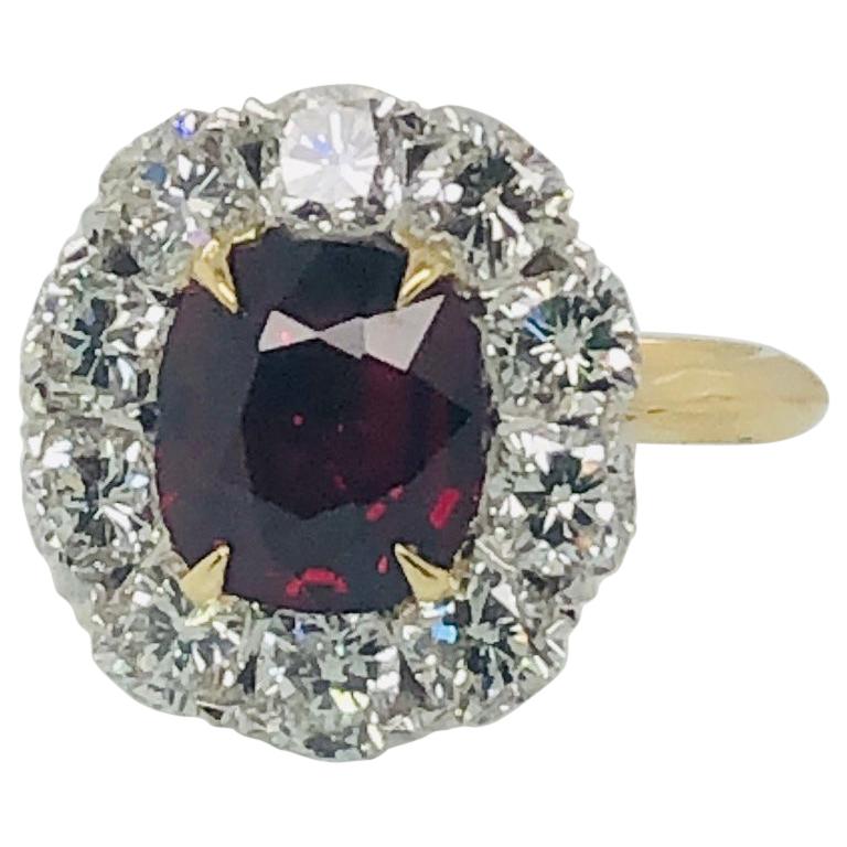 Certified Un-Heated 3.01 Carat Cushion Cut Ruby and Diamond Halo Cocktail Ring For Sale
