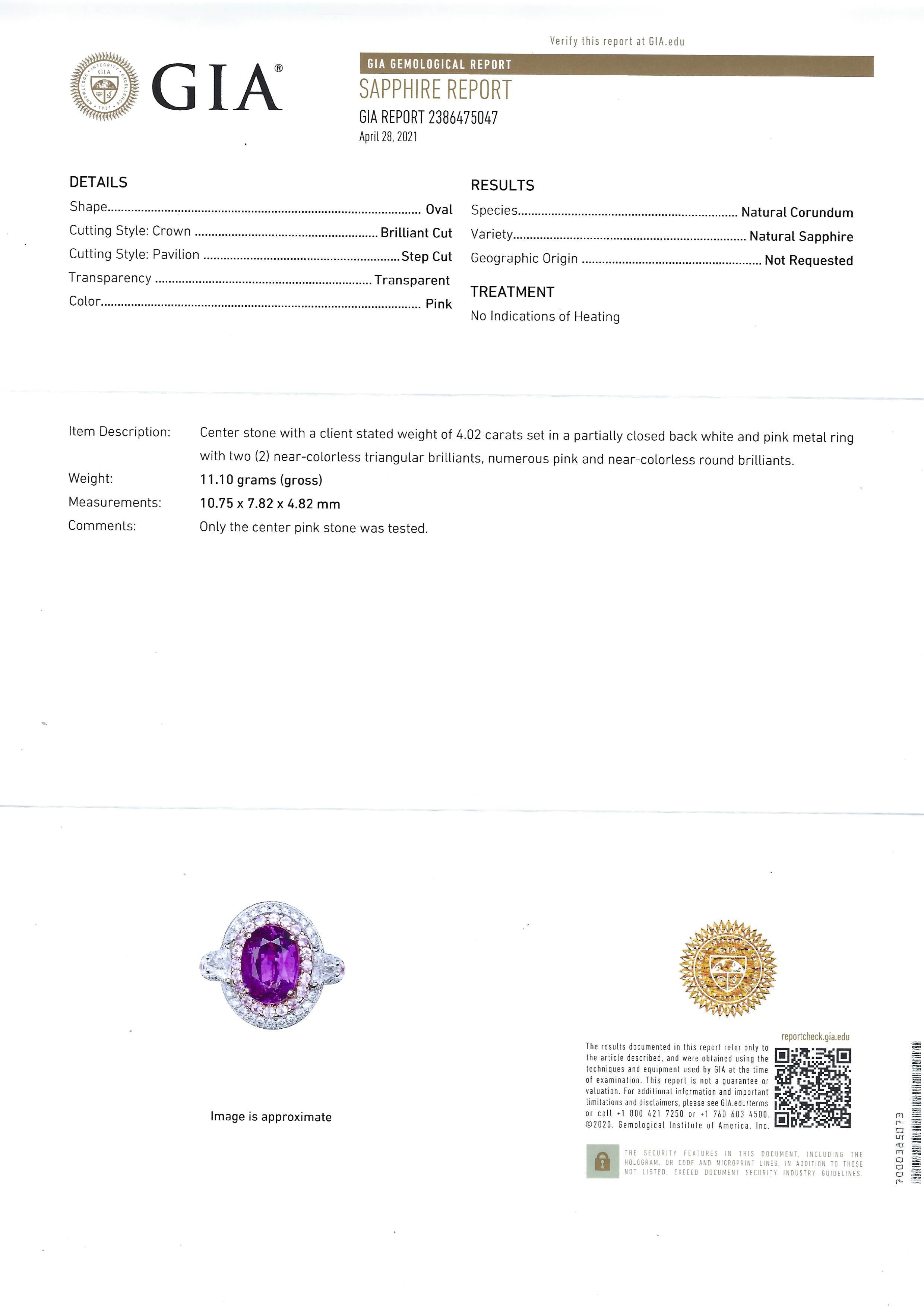GIA Certified Unheated 4 Cts Pink Sapphire with Diamond Ring in 18Kt White Gold For Sale 6