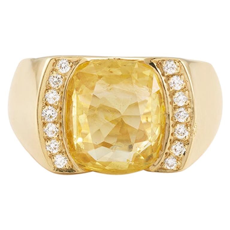 Certified Unheated 4.50 Carat Yellow Sapphire Diamonds 18 Karat Gold Tank Ring