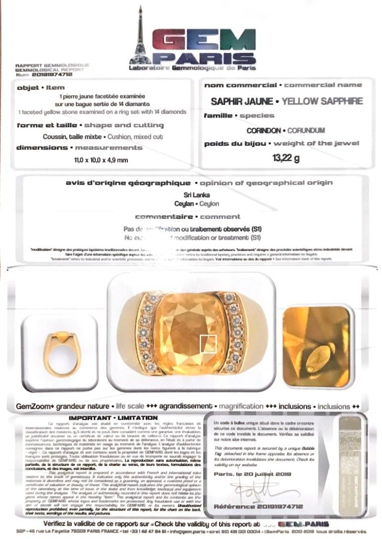 Retro Certified Unheated 4.50 Carat Yellow Sapphire Diamonds 18 Karat Gold Tank Ring