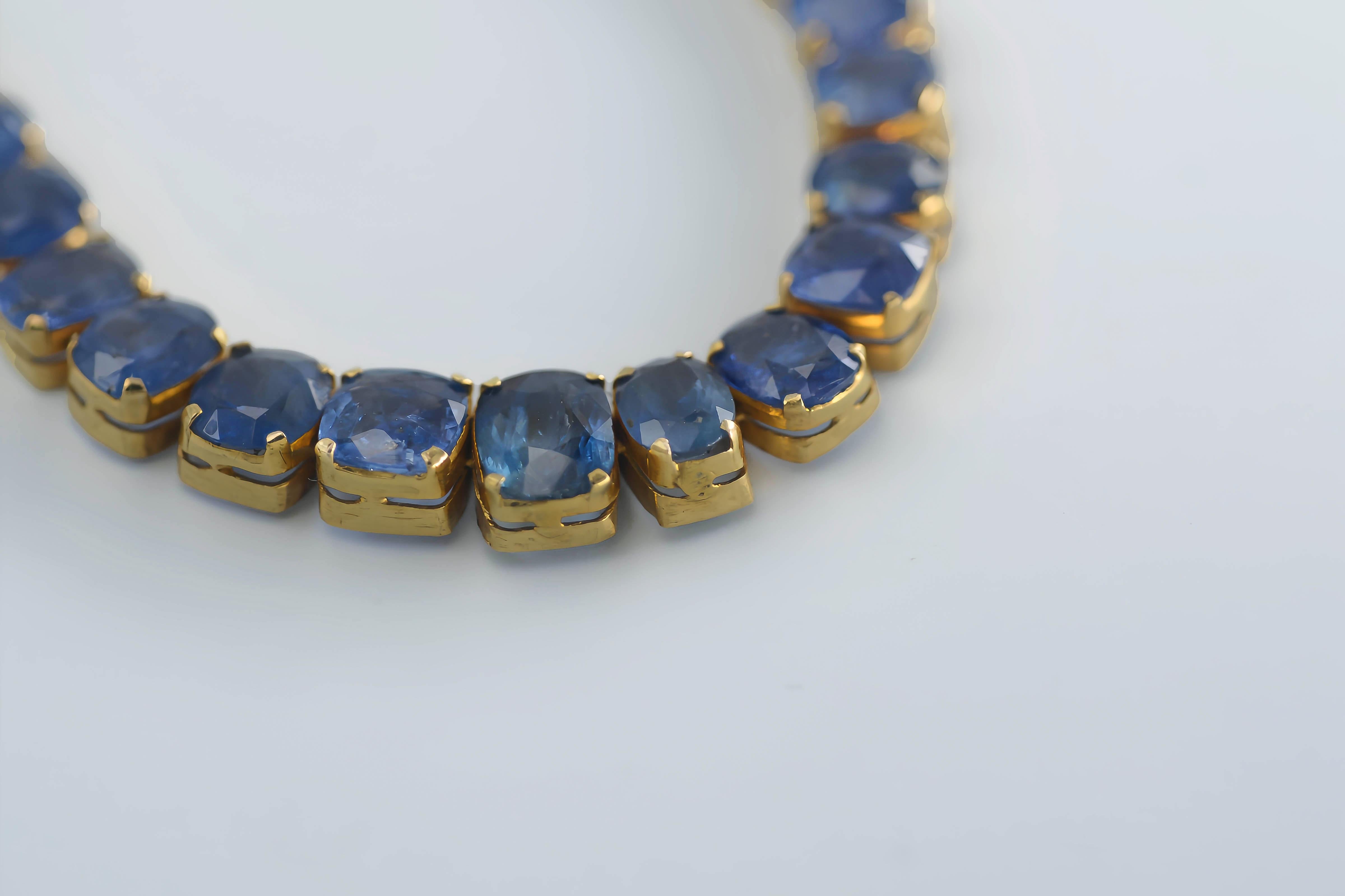 Approximately 38ct of certified unheated Burmese blue sapphires set in 18k yellow gold in a vintage style of the 90s.

A great necklace to have in the arsenal of basic jewels, it is subtle enough to be layered effectively, yet bold enough to be worn