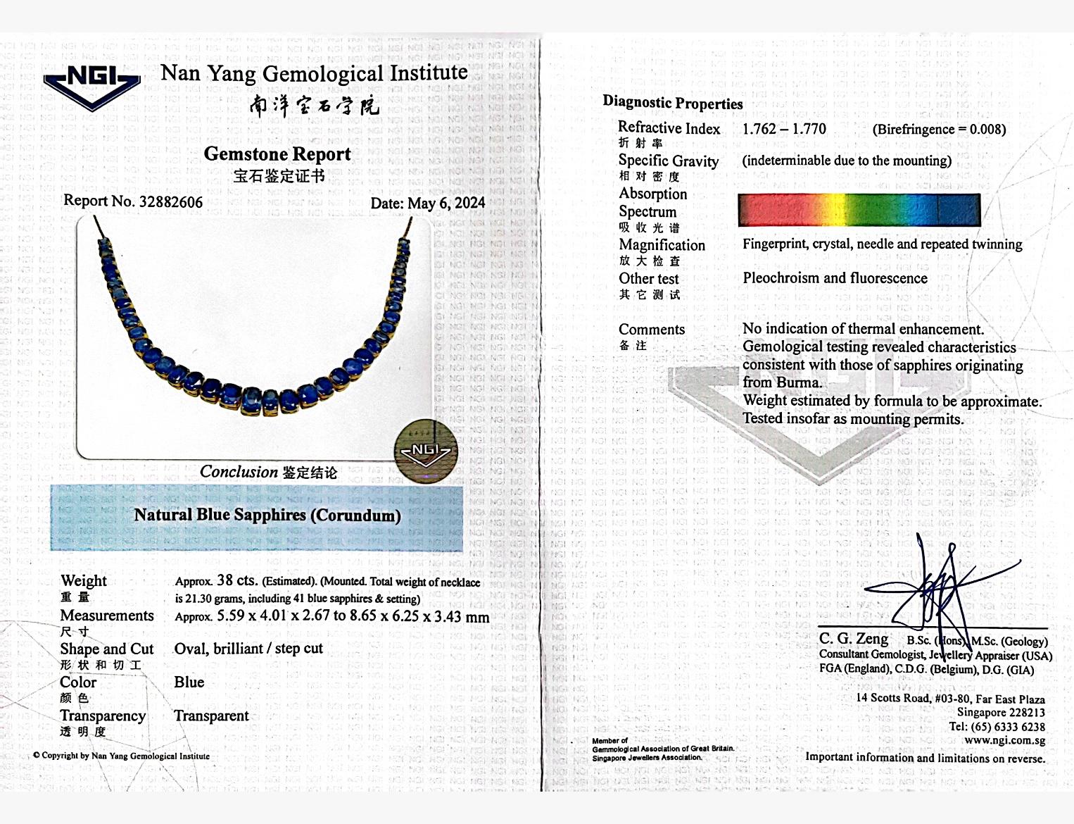 Certified Unheated Blue Sapphire Burmese Necklace in 18k Yellow Gold For Sale 3