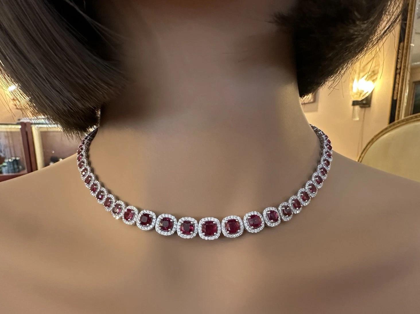 GSI Certified Unheated Natural Ruby and Diamond Necklace in 18k White Gold

Ruby and Diamond Necklace features 63 Unheated Cushion-shaped Natural Rubies  with Deep Red color, weighing 18.08 carats in total, set individually in 18k White Gold and
