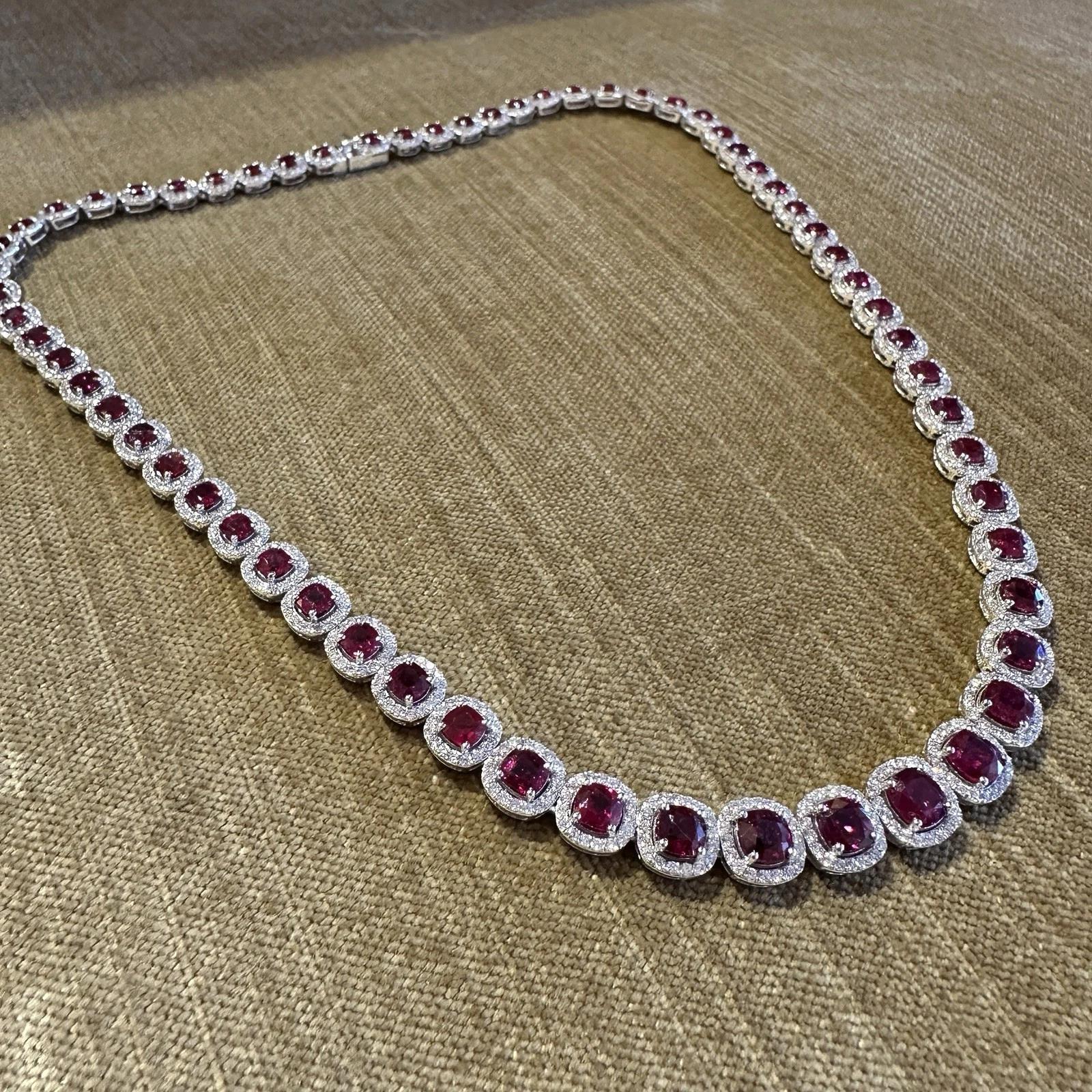 Cushion Cut Certified Unheated Natural Ruby and Diamond Necklace in 18k White Gold For Sale