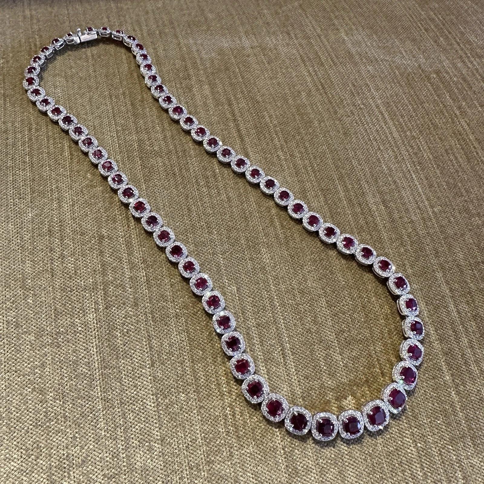 Women's Certified Unheated Natural Ruby and Diamond Necklace in 18k White Gold For Sale