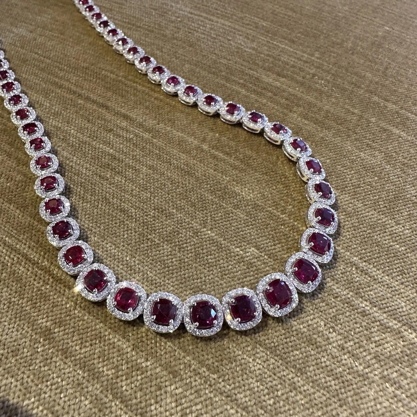 Certified Unheated Natural Ruby and Diamond Necklace in 18k White Gold For Sale 1