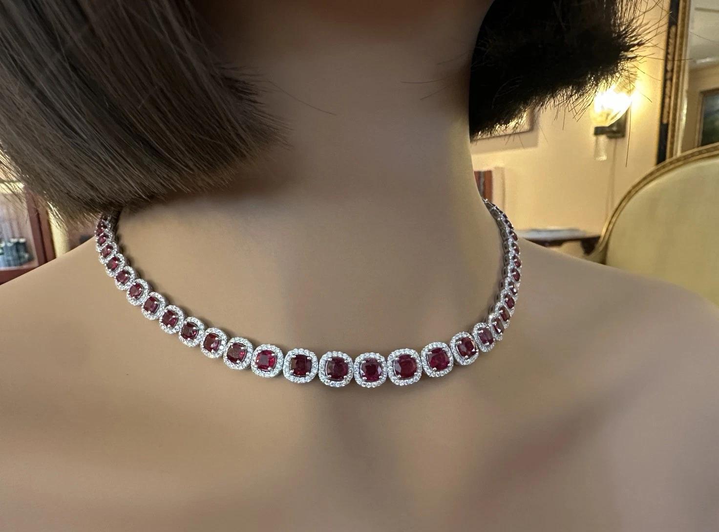 Certified Unheated Natural Ruby and Diamond Necklace in 18k White Gold For Sale 4