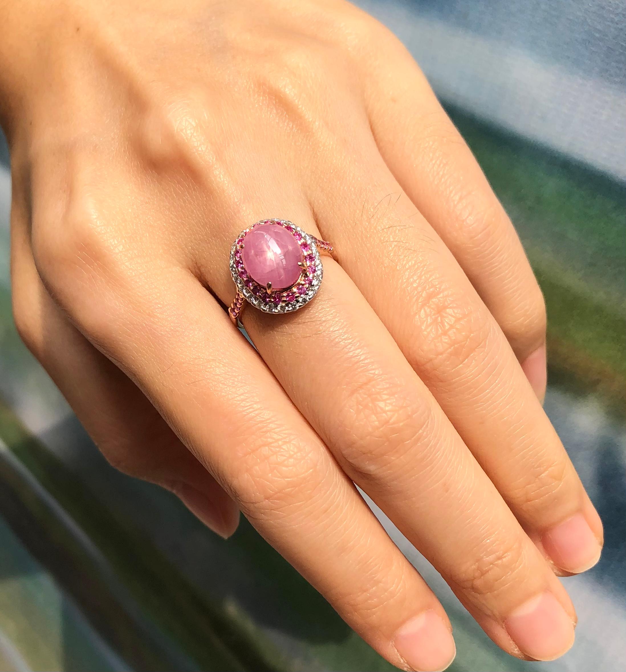 Cabochon Certified Unheated Star Pink Sapphire, Diamond Ring in 18K Rose Gold For Sale