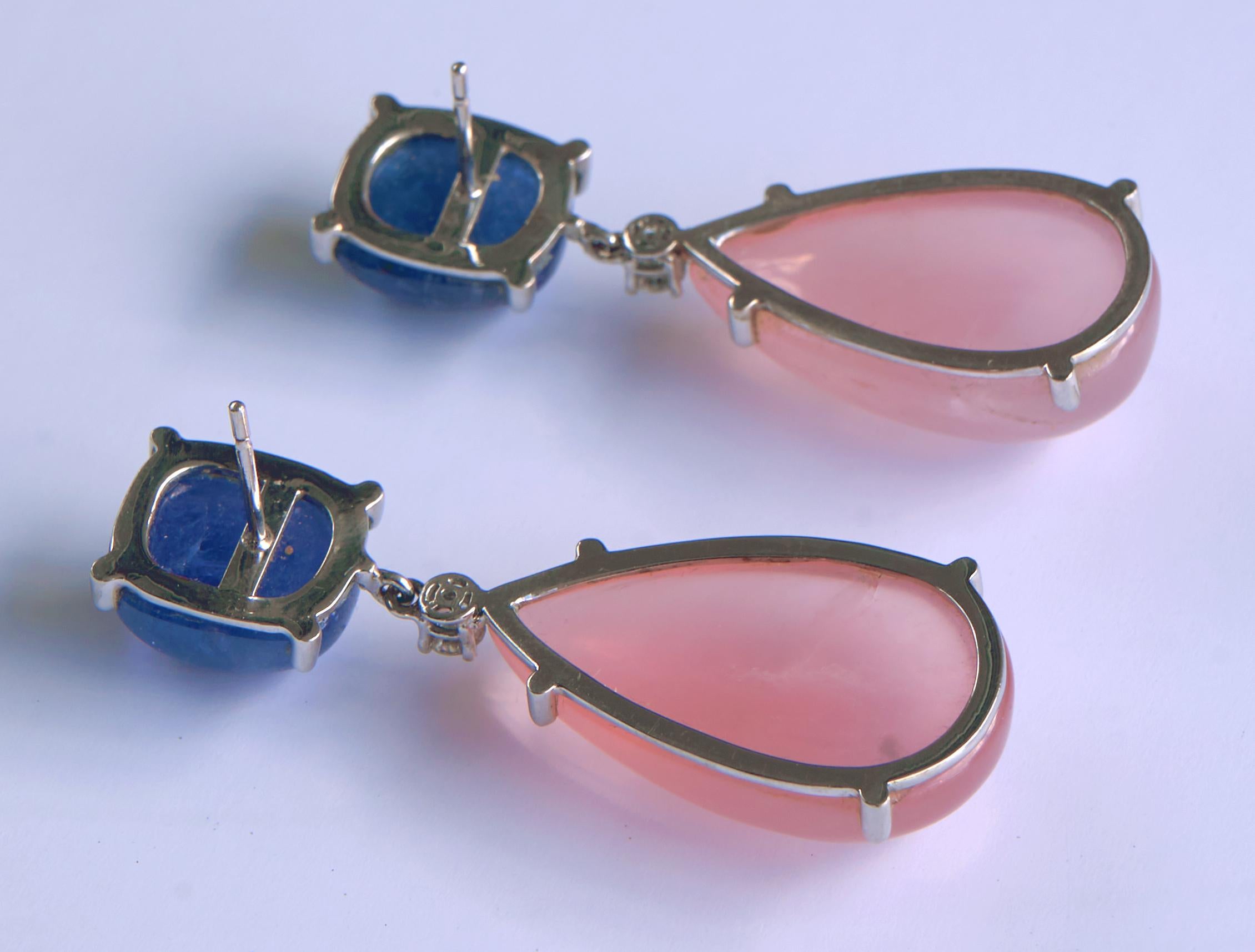 Certified  70 carat Tanzanite  63, 71 Rose Quartz White Gold Drop Earrings In New Condition For Sale In Madrid, MD