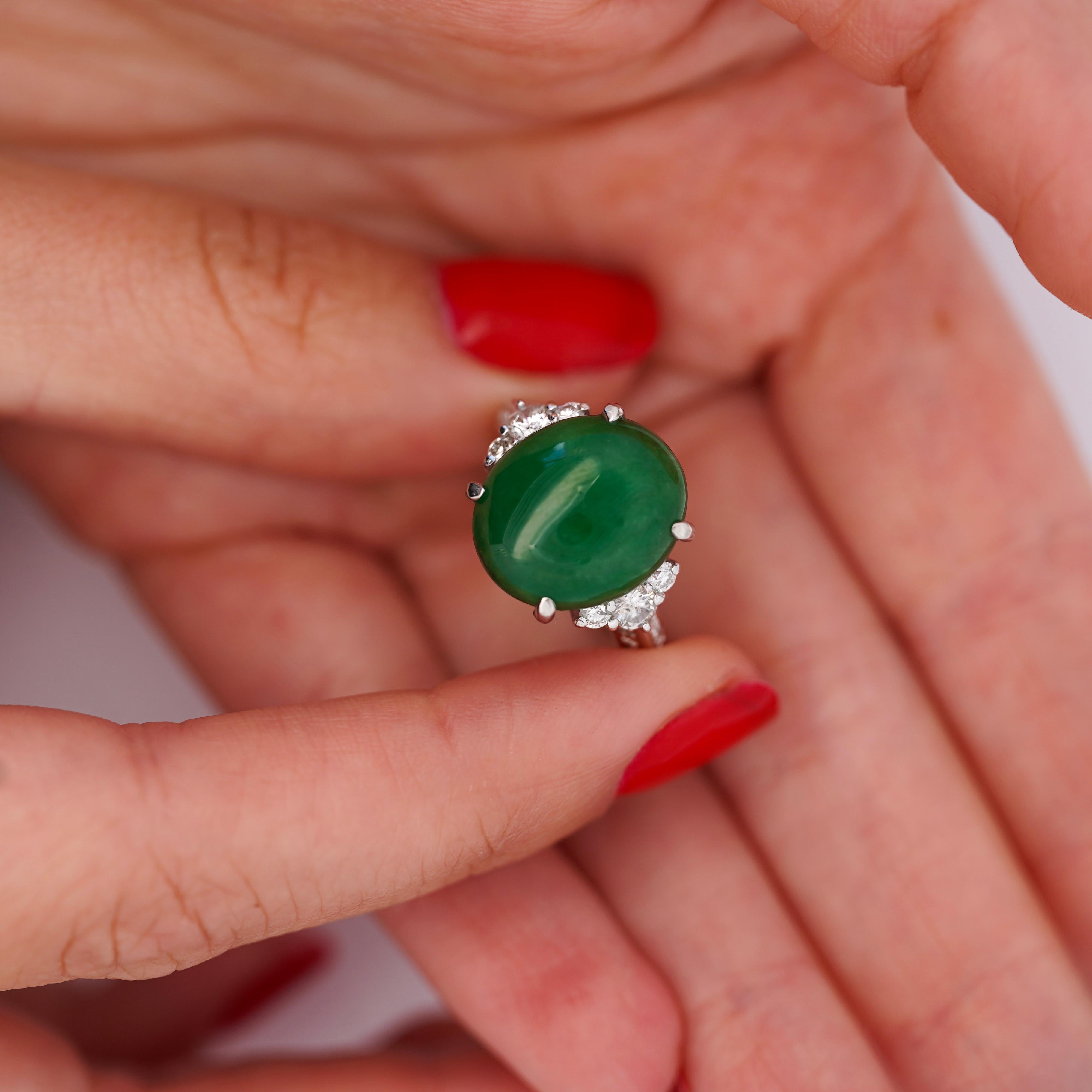 Certified Untreated 8.14 Carat Jadeite Jade A Fei Cui Platinum Ring For Sale 4