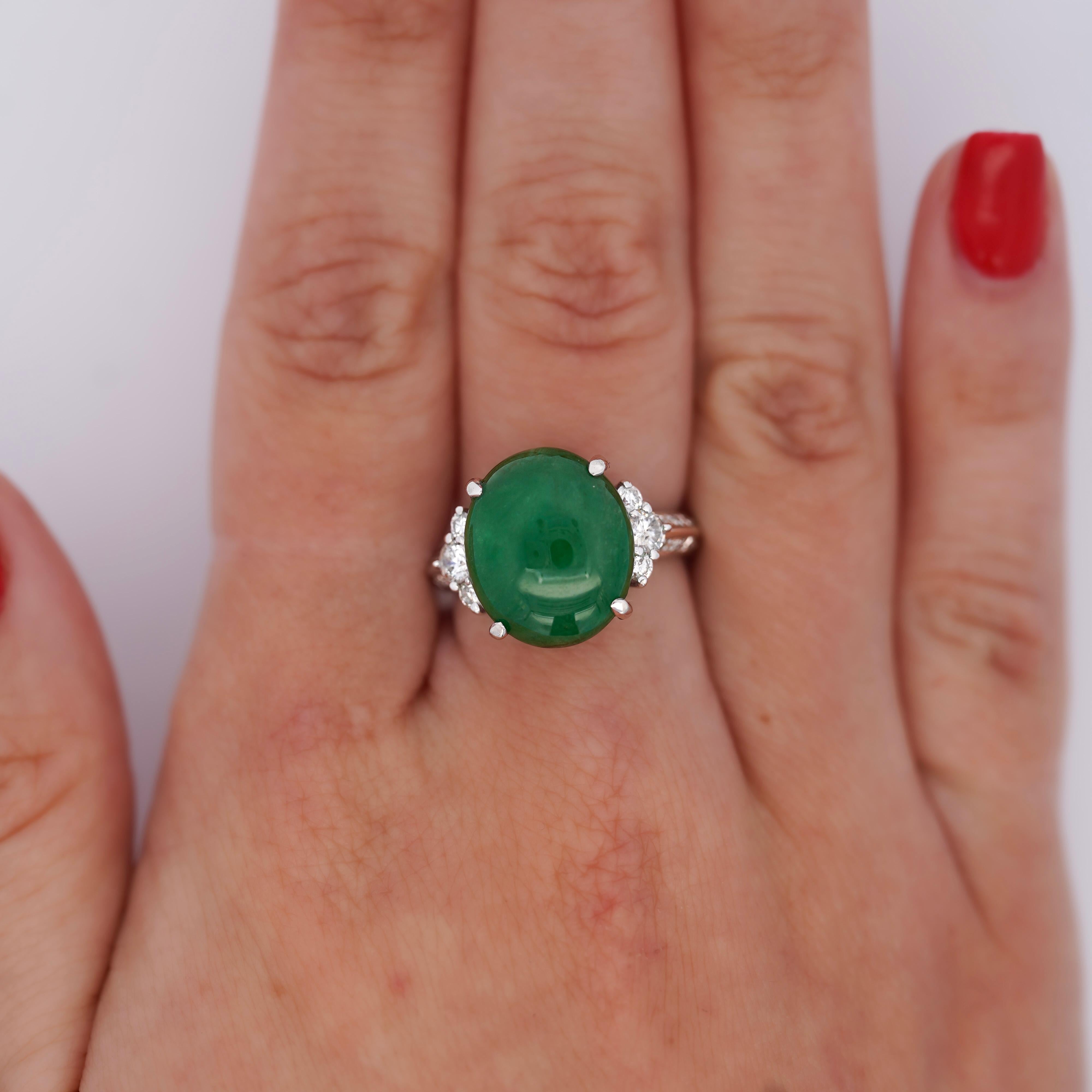 Certified Untreated 8.14 Carat Jadeite Jade A Fei Cui Platinum Ring For Sale 2