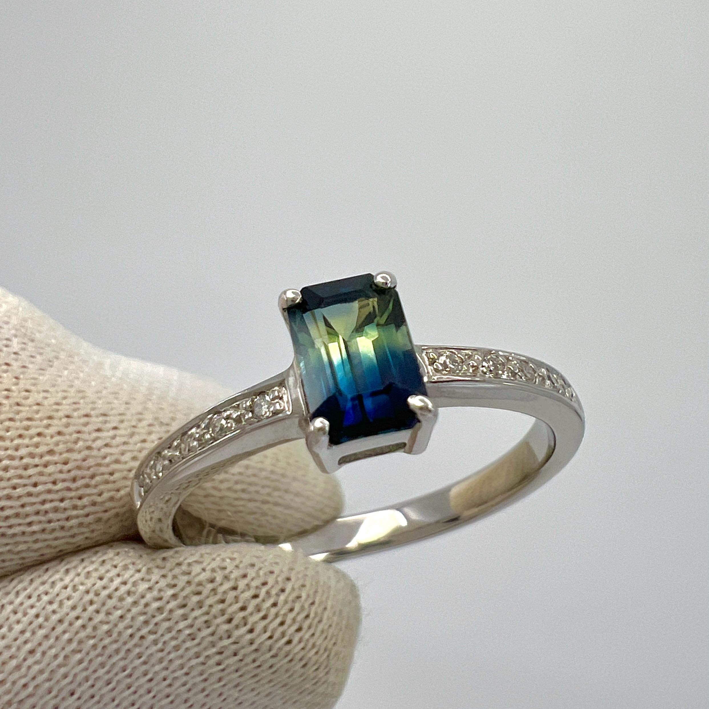 Certified Untreated Bi Colour Sapphire Blue Yellow Emerald Cut White Gold Ring For Sale 6