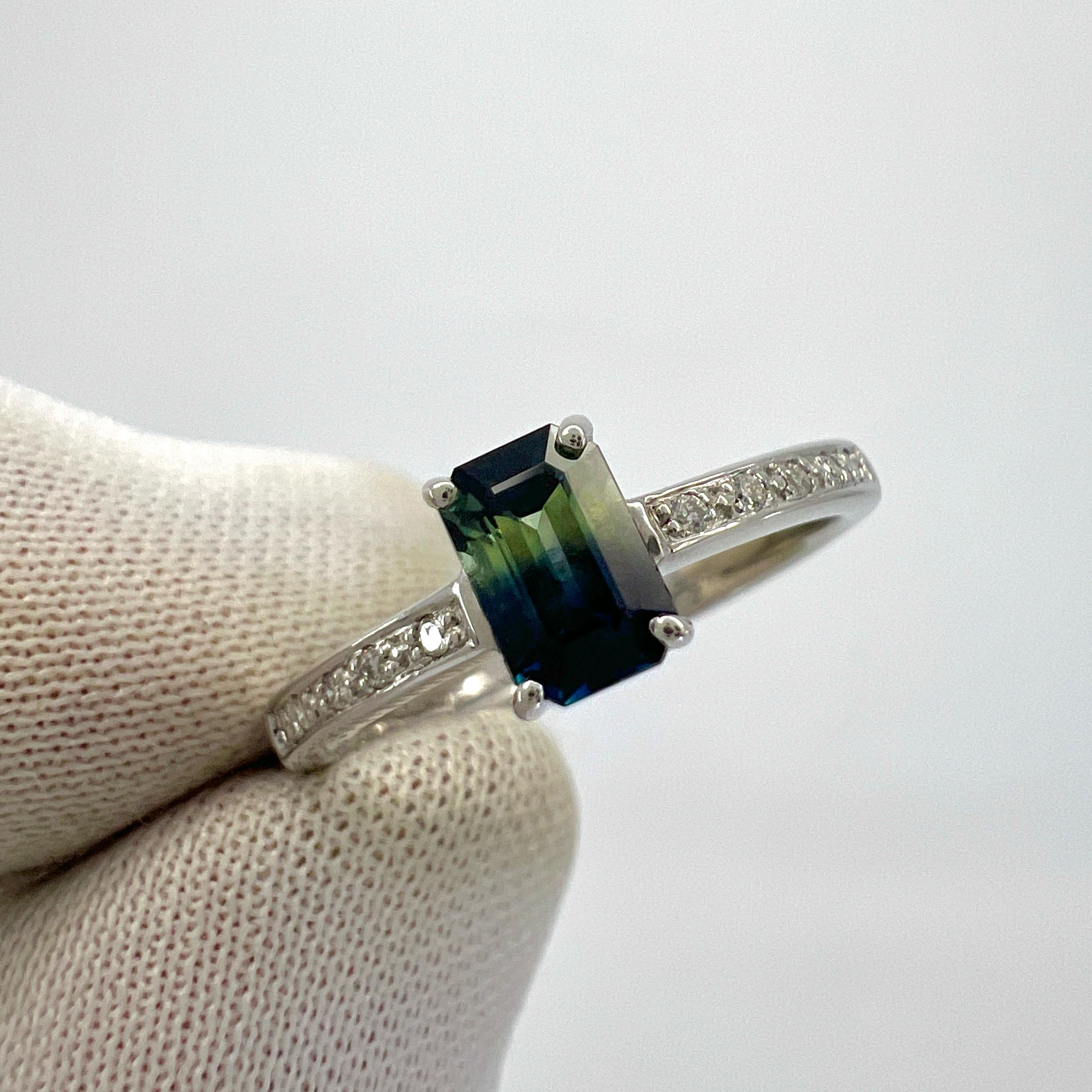 Certified Untreated Bi Colour Sapphire Blue Yellow Emerald Cut White Gold Ring For Sale 8