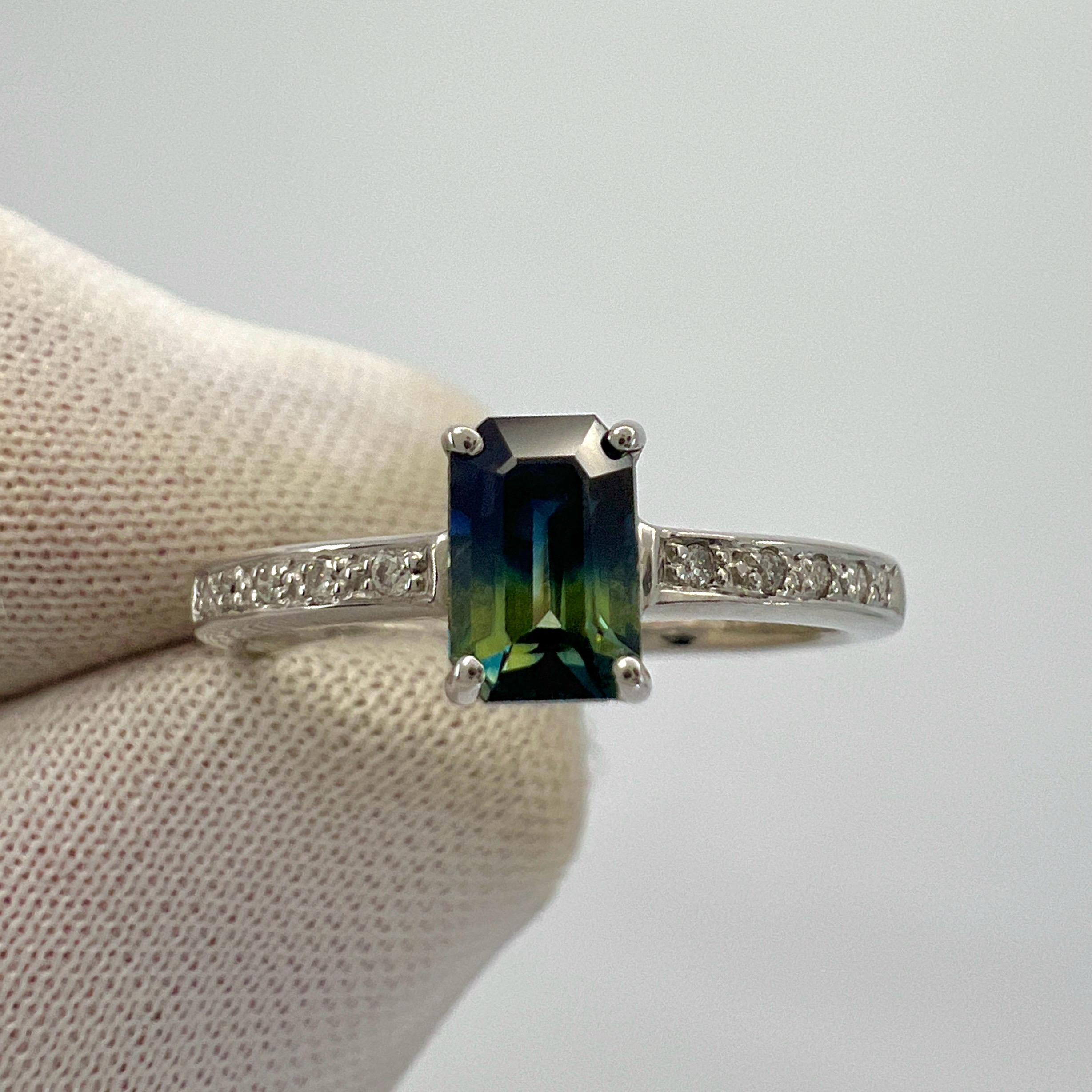 Certified Untreated Bi Colour Sapphire Blue Yellow Emerald Cut White Gold Ring In New Condition For Sale In Birmingham, GB