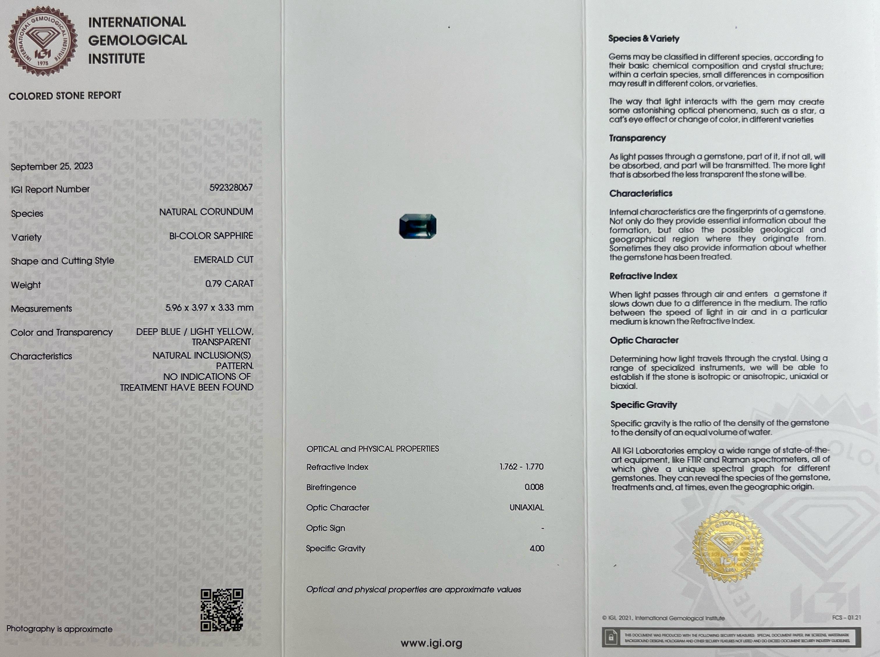 Women's or Men's Certified Untreated Bi Colour Sapphire Blue Yellow Emerald Cut White Gold Ring For Sale