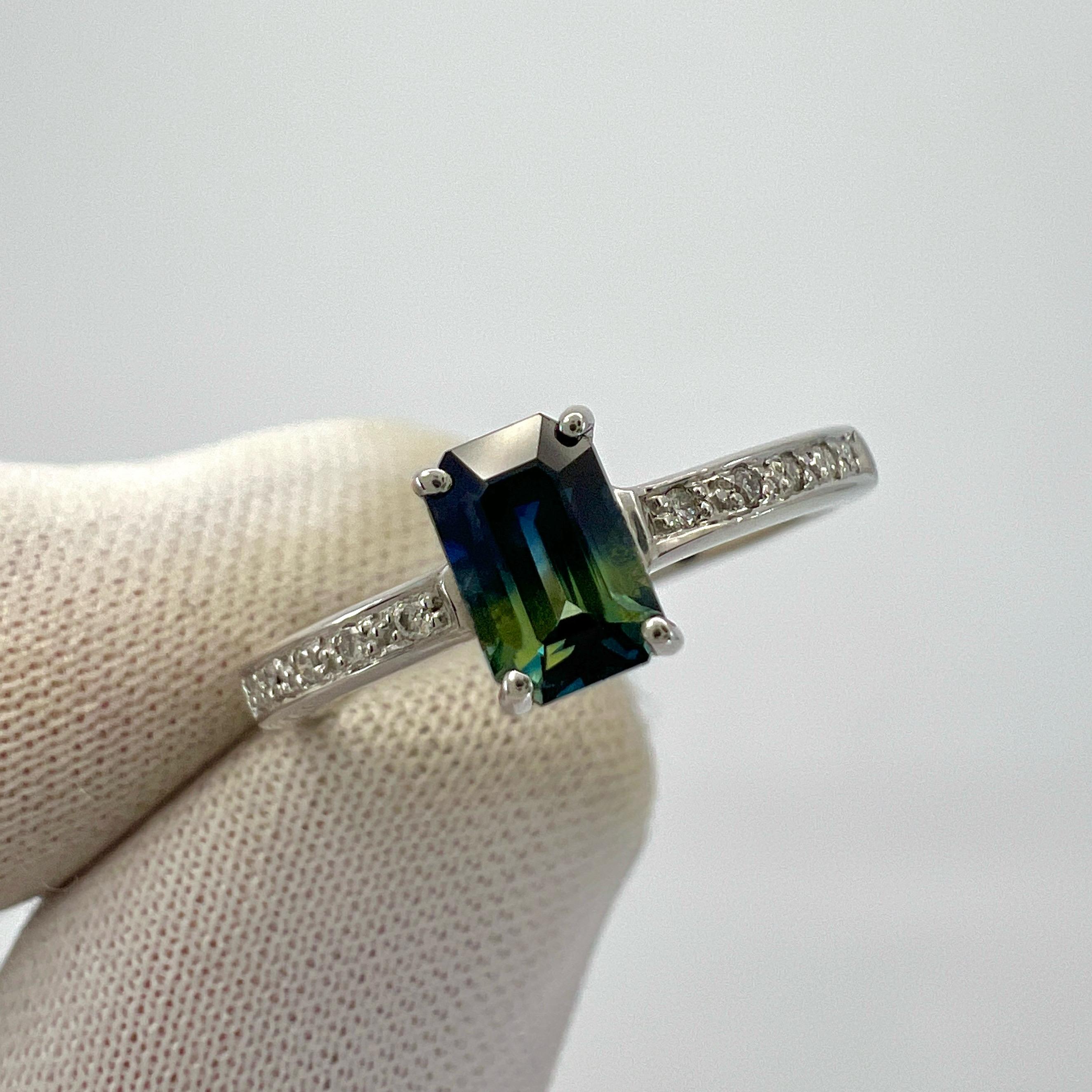 Certified Untreated Bi Colour Sapphire Blue Yellow Emerald Cut White Gold Ring For Sale 1