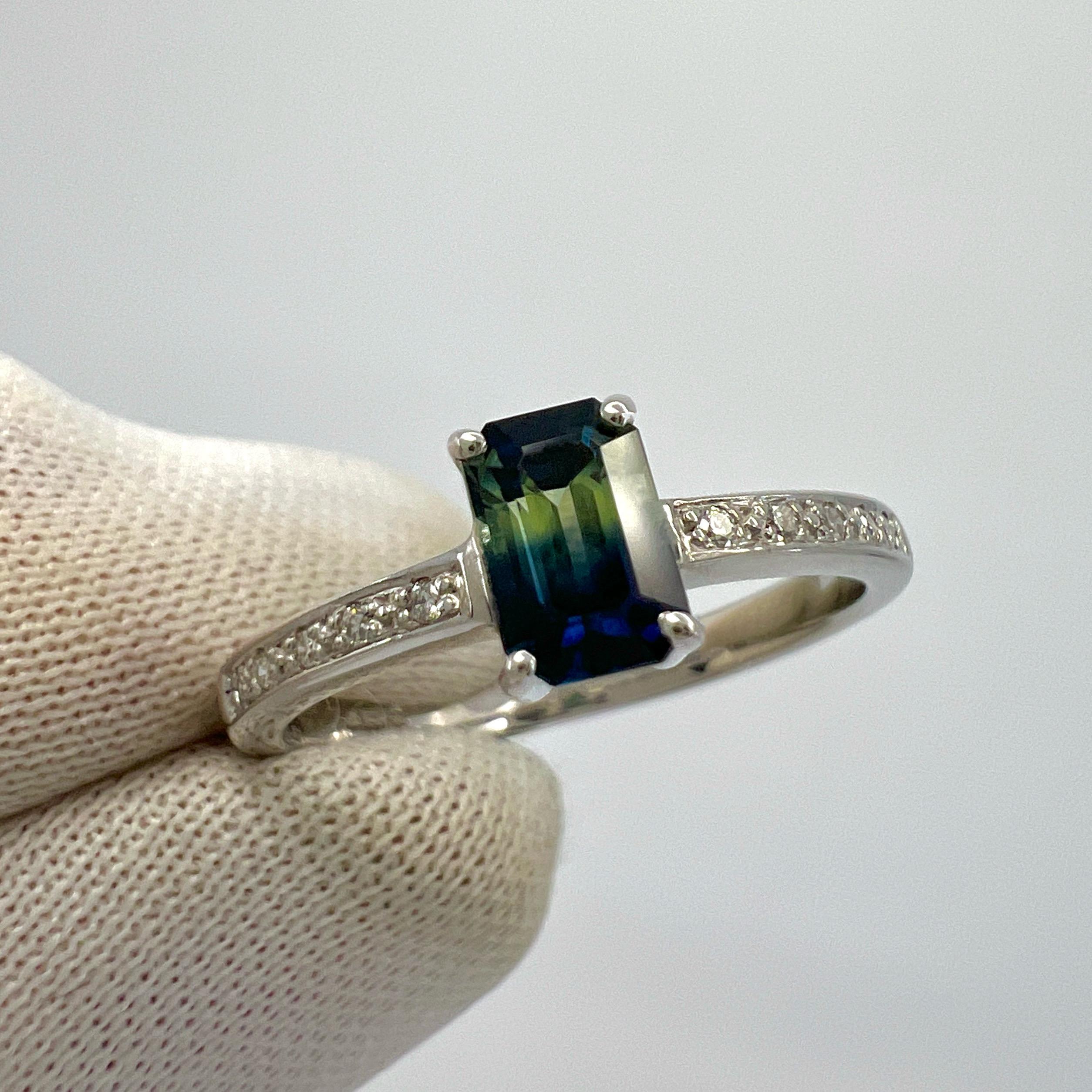 Certified Untreated Bi Colour Sapphire Blue Yellow Emerald Cut White Gold Ring For Sale 4