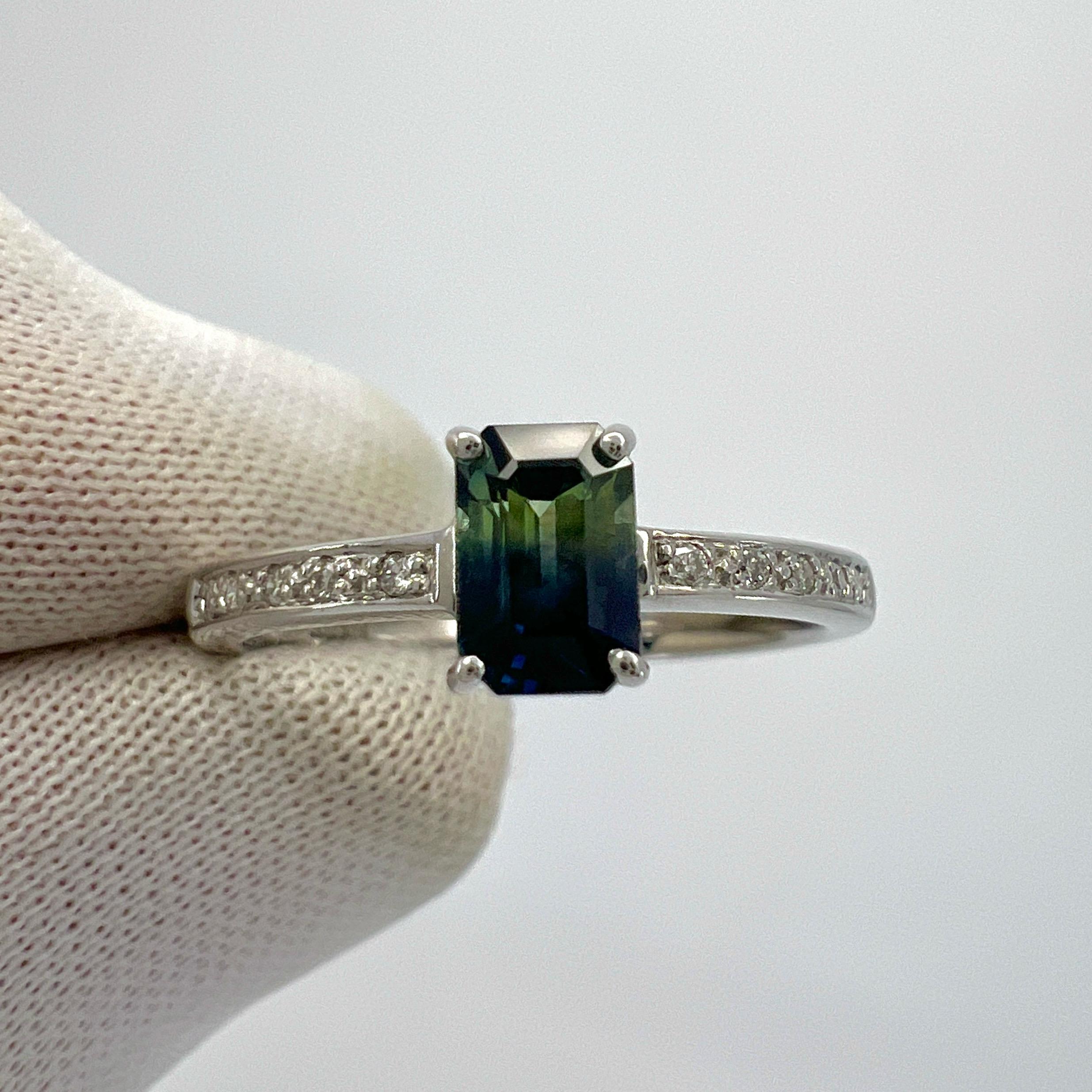Certified Untreated Bi Colour Sapphire Blue Yellow Emerald Cut White Gold Ring For Sale 5