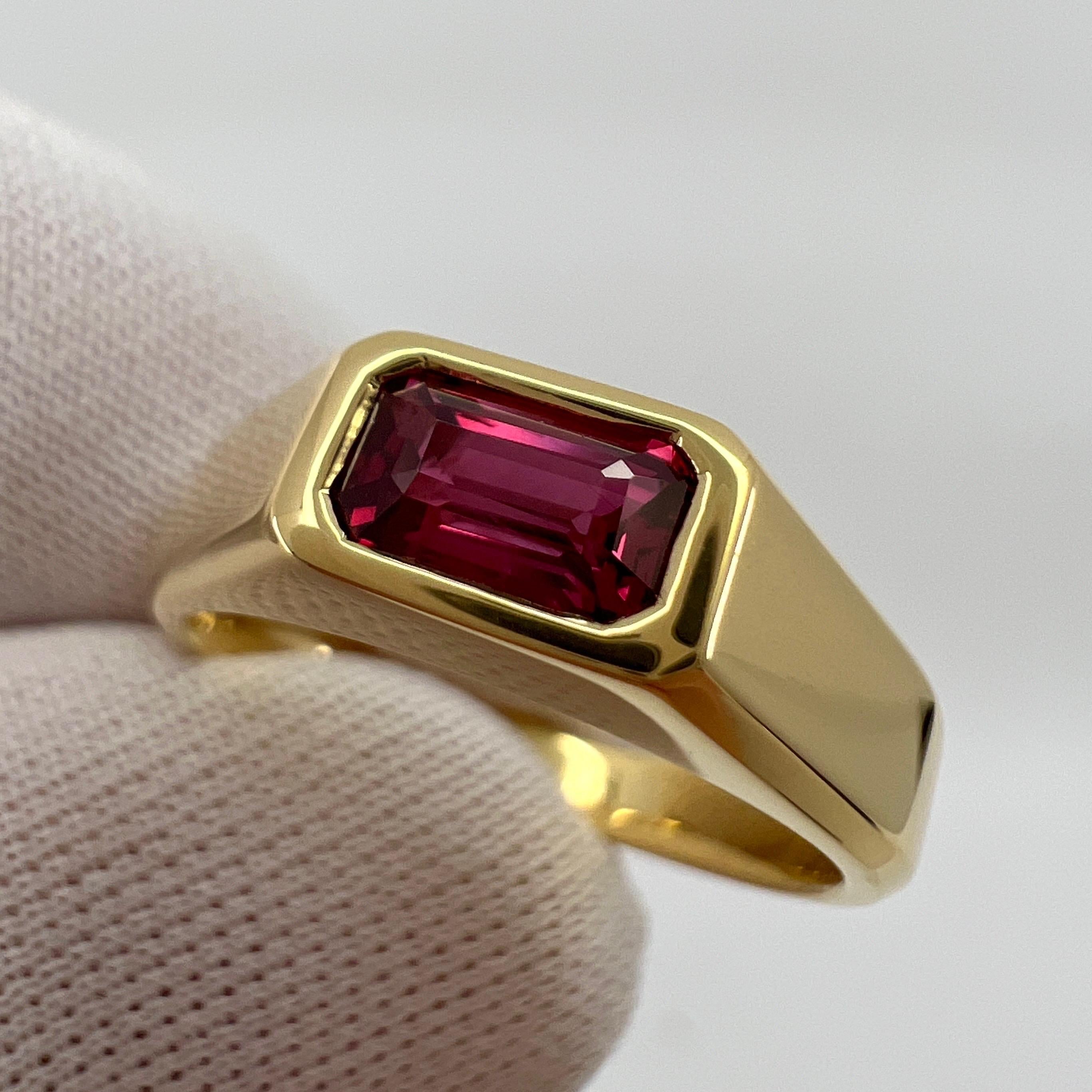 Certified Untreated Deep Red Emerald Cut Ruby 18k Yellow Gold Signet Style Ring 3