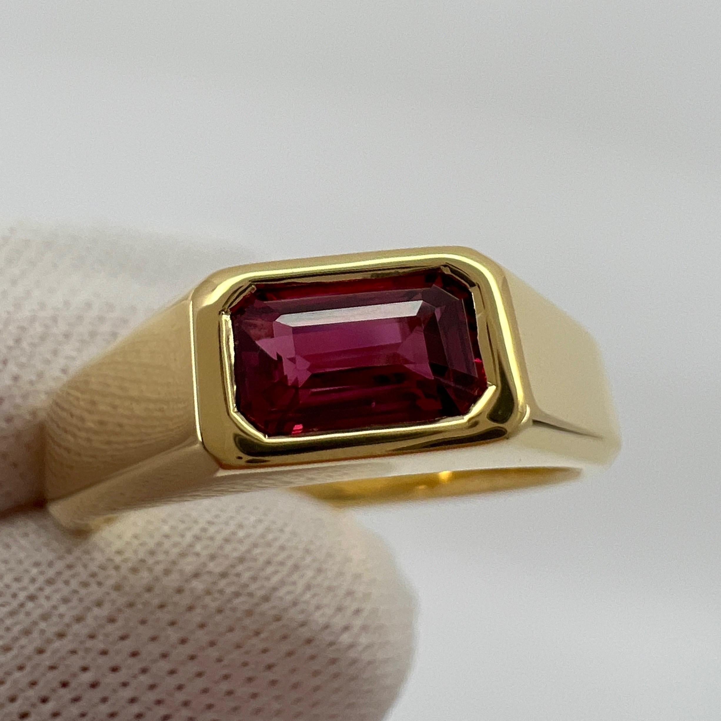 Certified Untreated Deep Red Emerald Cut Ruby 18k Yellow Gold Signet Style Ring 7