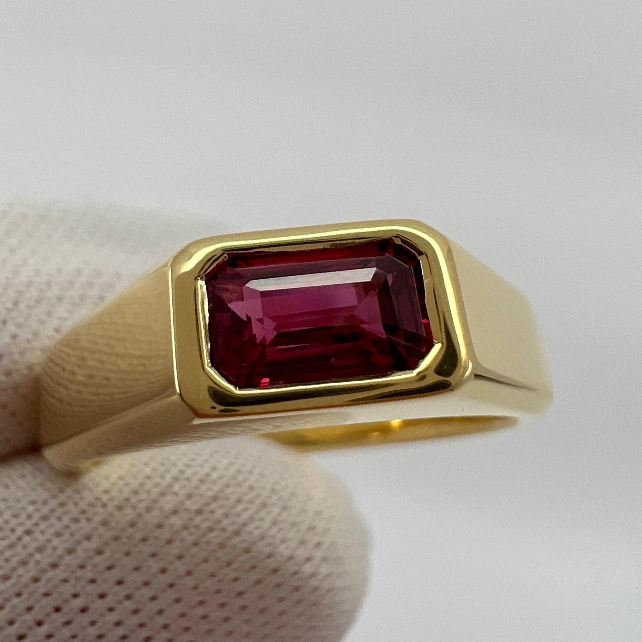 Certified Untreated Deep Red Emerald Cut Ruby 18k Yellow Gold Signet Style Ring 5