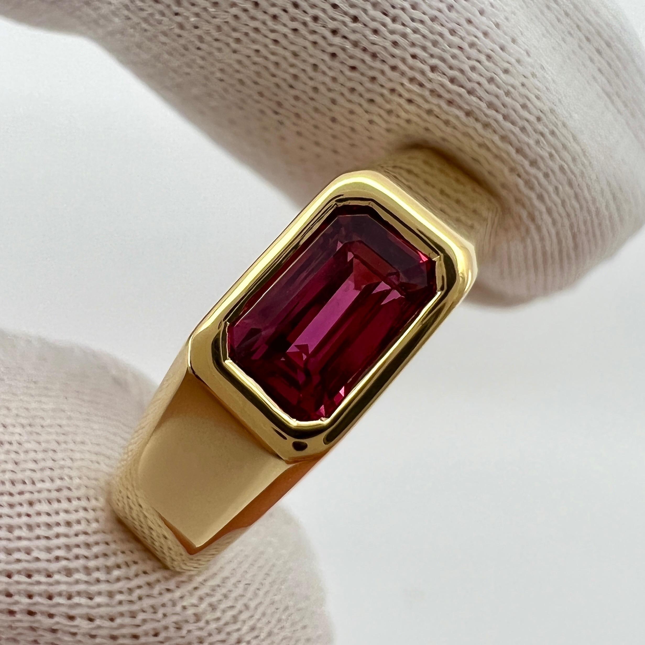 Natural Untreated Deep Red Ruby GRA Certified 18k Yellow Gold Solitaire Signet Style Ring.

Beautiful 0.64 carat ruby with a deep red colour and excellent emerald octagonal cut. Also has very good clarity. A very clean stone with only some very