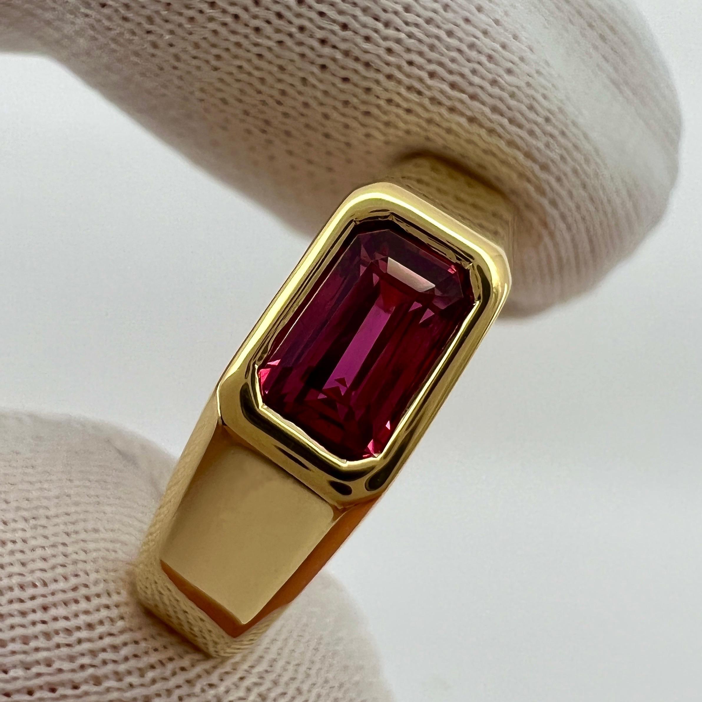 Women's or Men's Certified Untreated Deep Red Emerald Cut Ruby 18k Yellow Gold Signet Style Ring