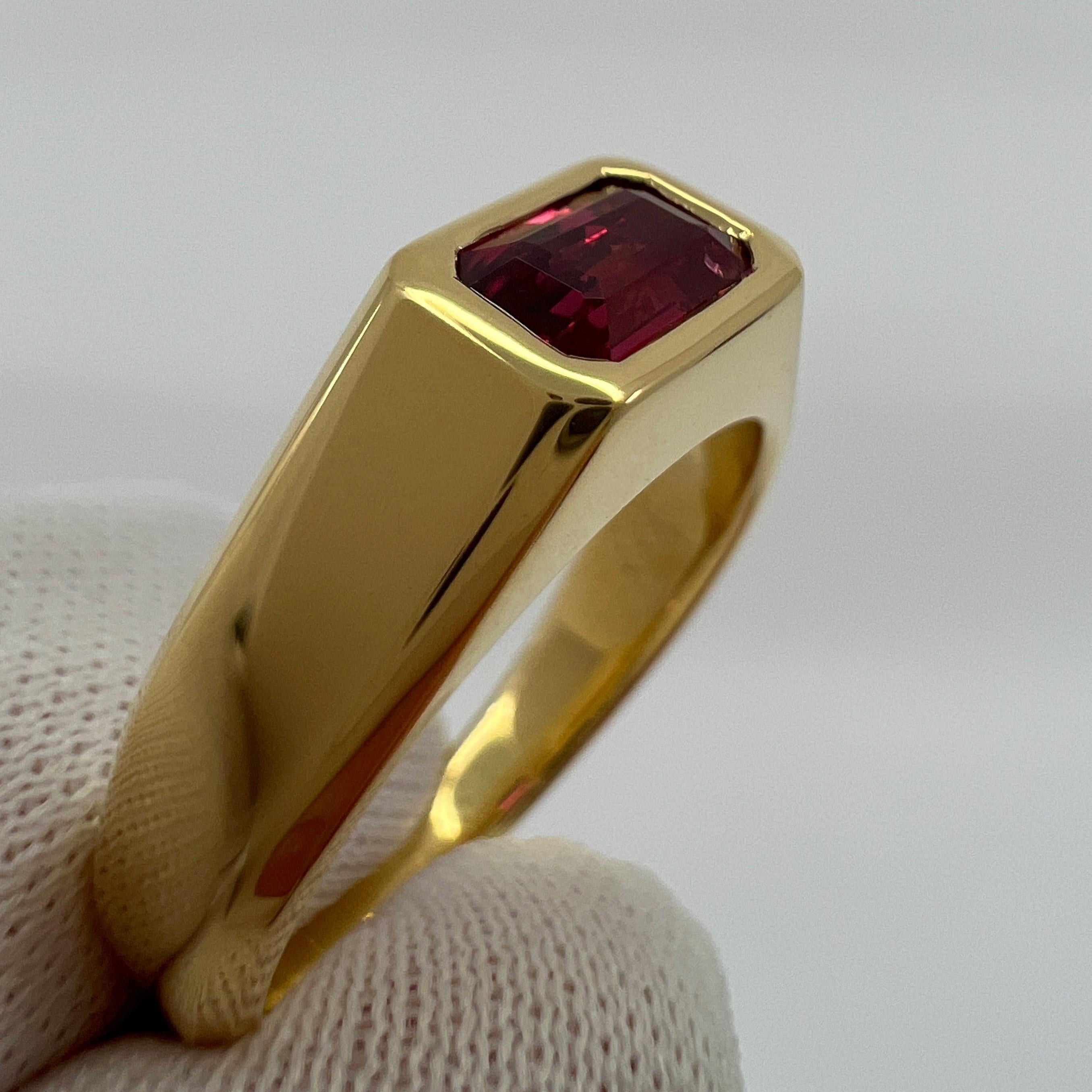 Women's or Men's Certified Untreated Deep Red Emerald Cut Ruby 18k Yellow Gold Signet Style Ring