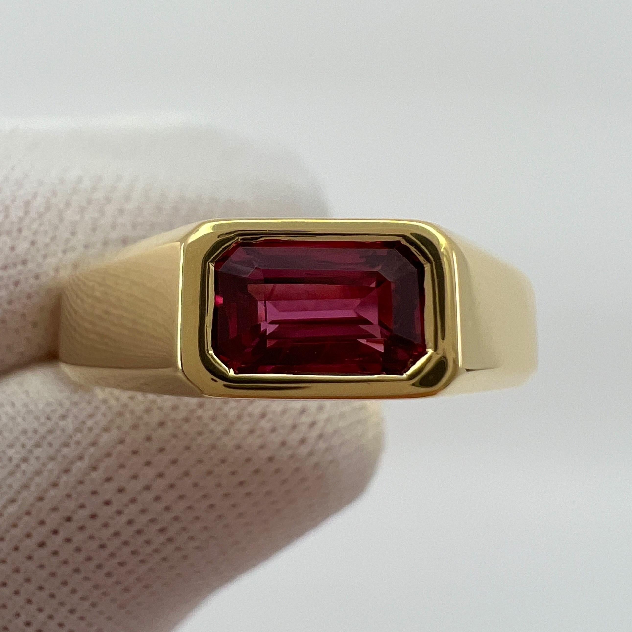 Certified Untreated Deep Red Emerald Cut Ruby 18k Yellow Gold Signet Style Ring 2