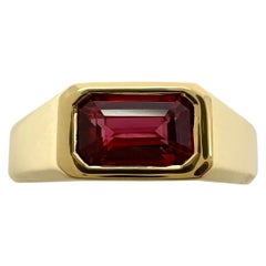 Certified Untreated Deep Red Emerald Cut Ruby 18k Yellow Gold Signet Style Ring