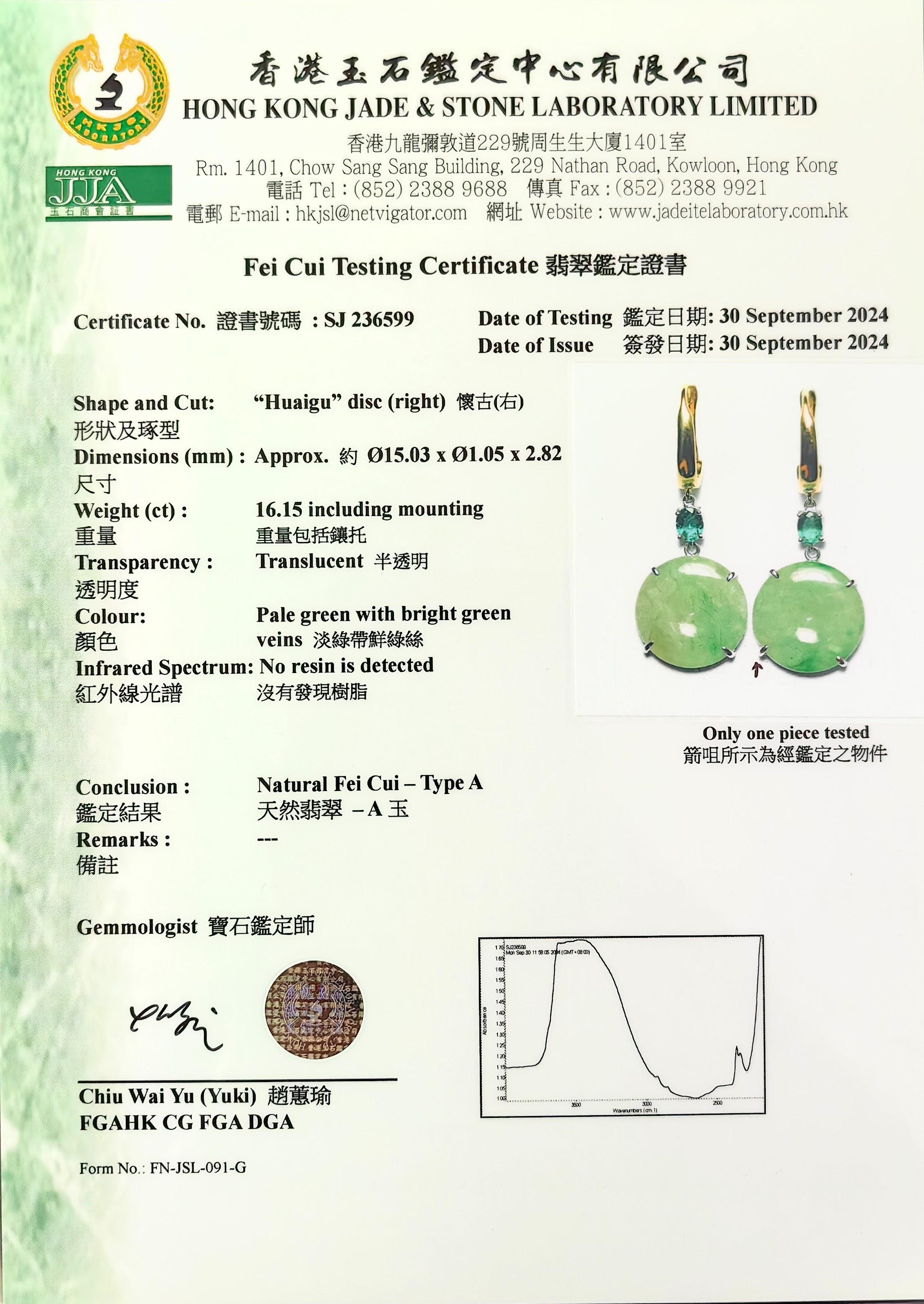 Certified Untreated Genuine Burmese Jadeite Jade & Emerald Earrings 18K Gold For Sale 1