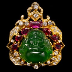 Jade Buddha Pendant with Diamonds, Rubies Certified Untreated Jade
