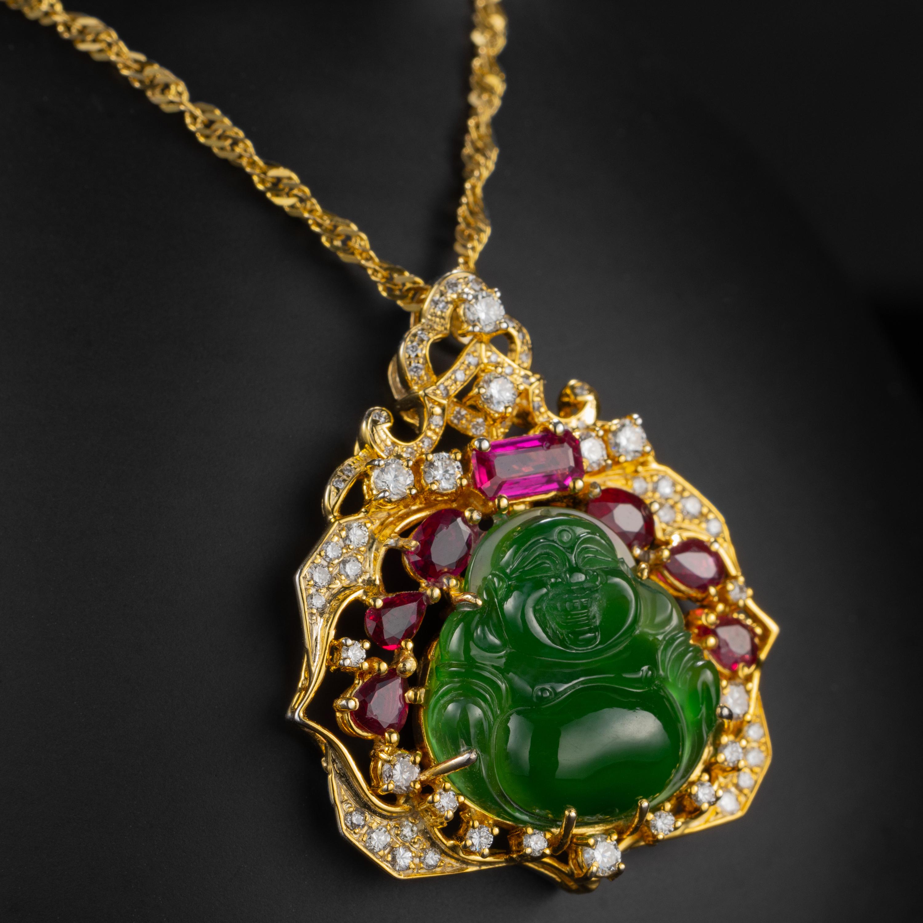Artisan Jade Buddha Pendant with Diamonds, Rubies Certified Untreated Jade
