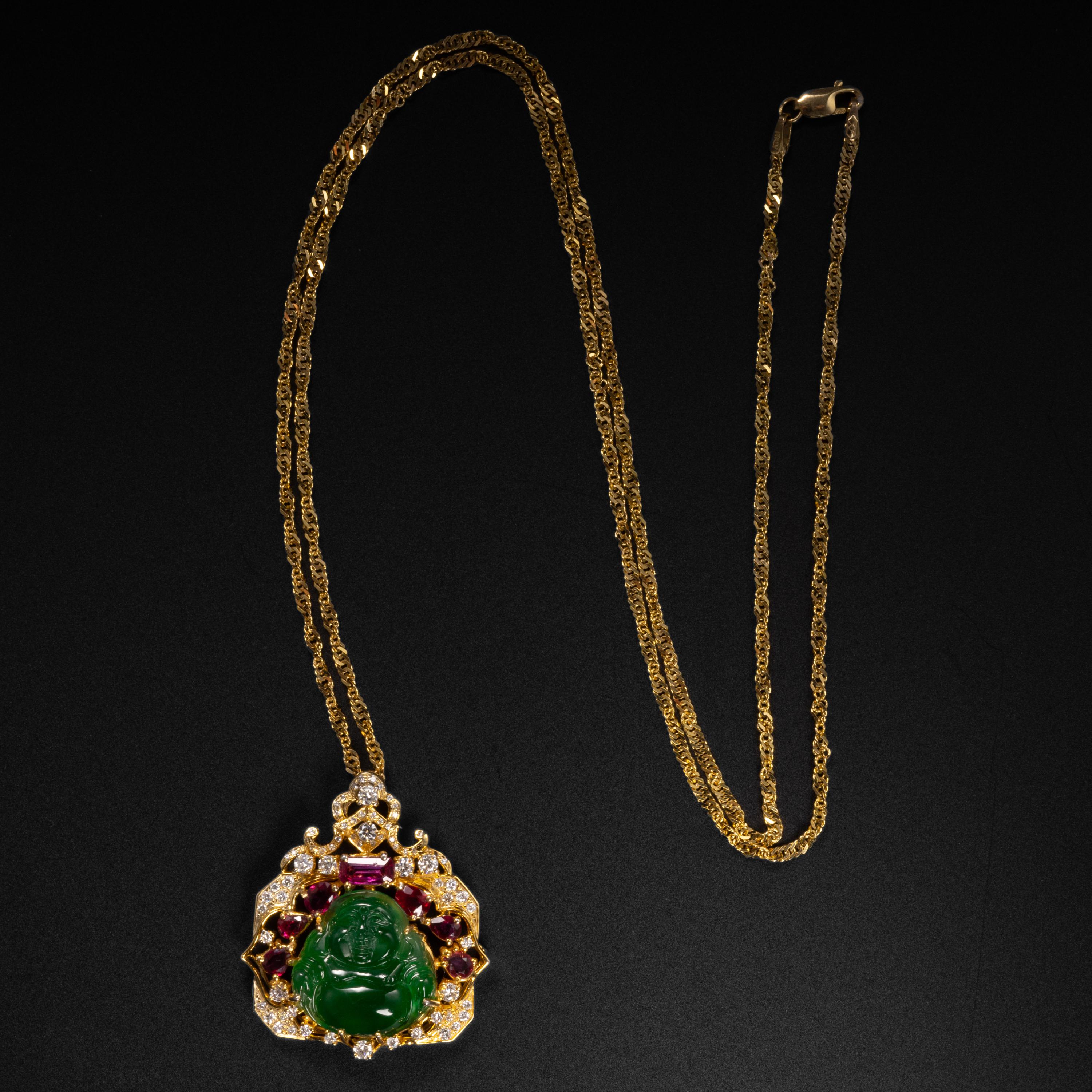 Round Cut Jade Buddha Pendant with Diamonds, Rubies Certified Untreated Jade