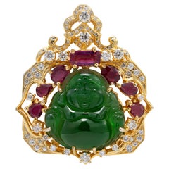 Certified Untreated Jade Buddha Pendant with Diamonds, Rubies