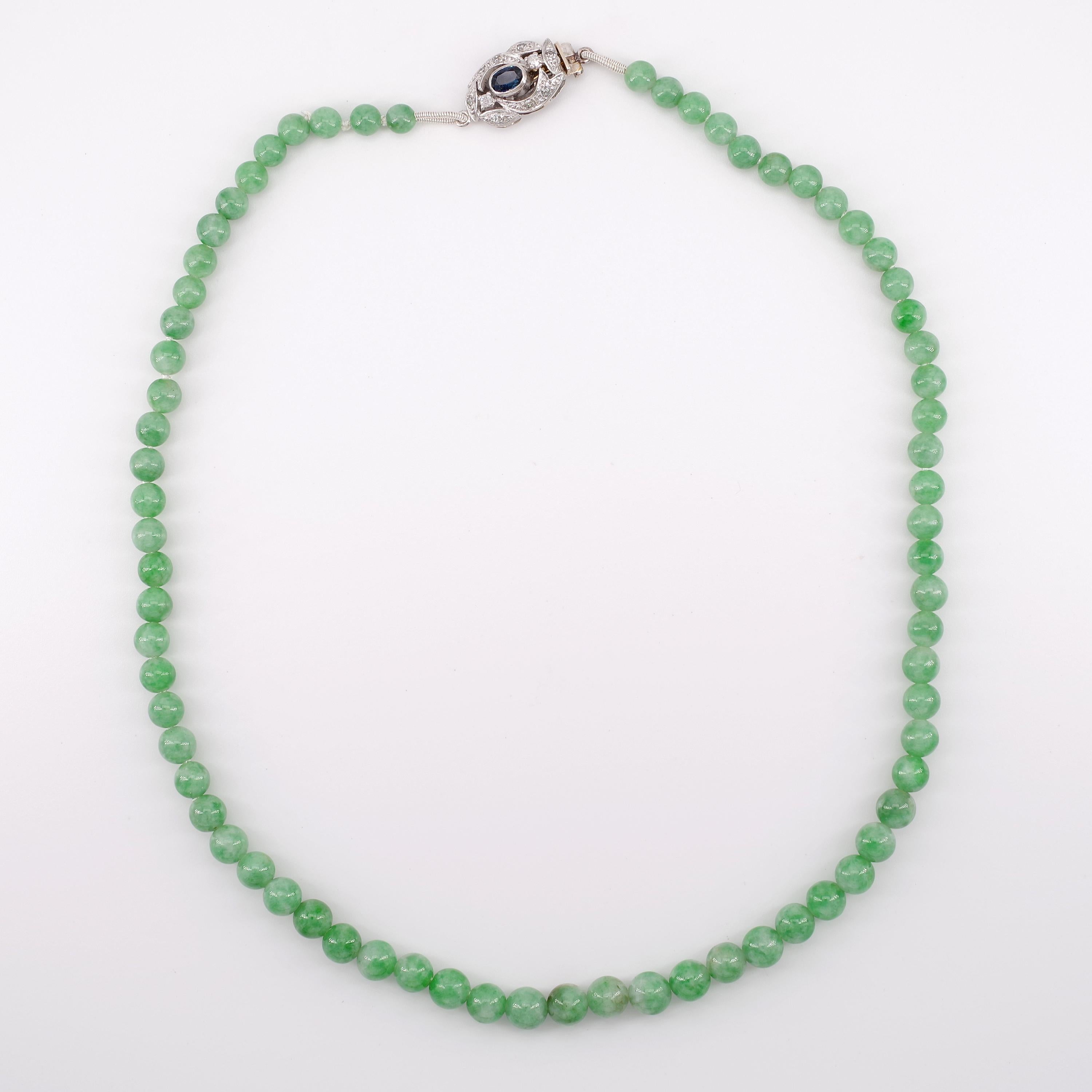 Art Deco Jade Necklace with Sapphire, Diamond and 18 Karat Gold Clasp Certified Untreated