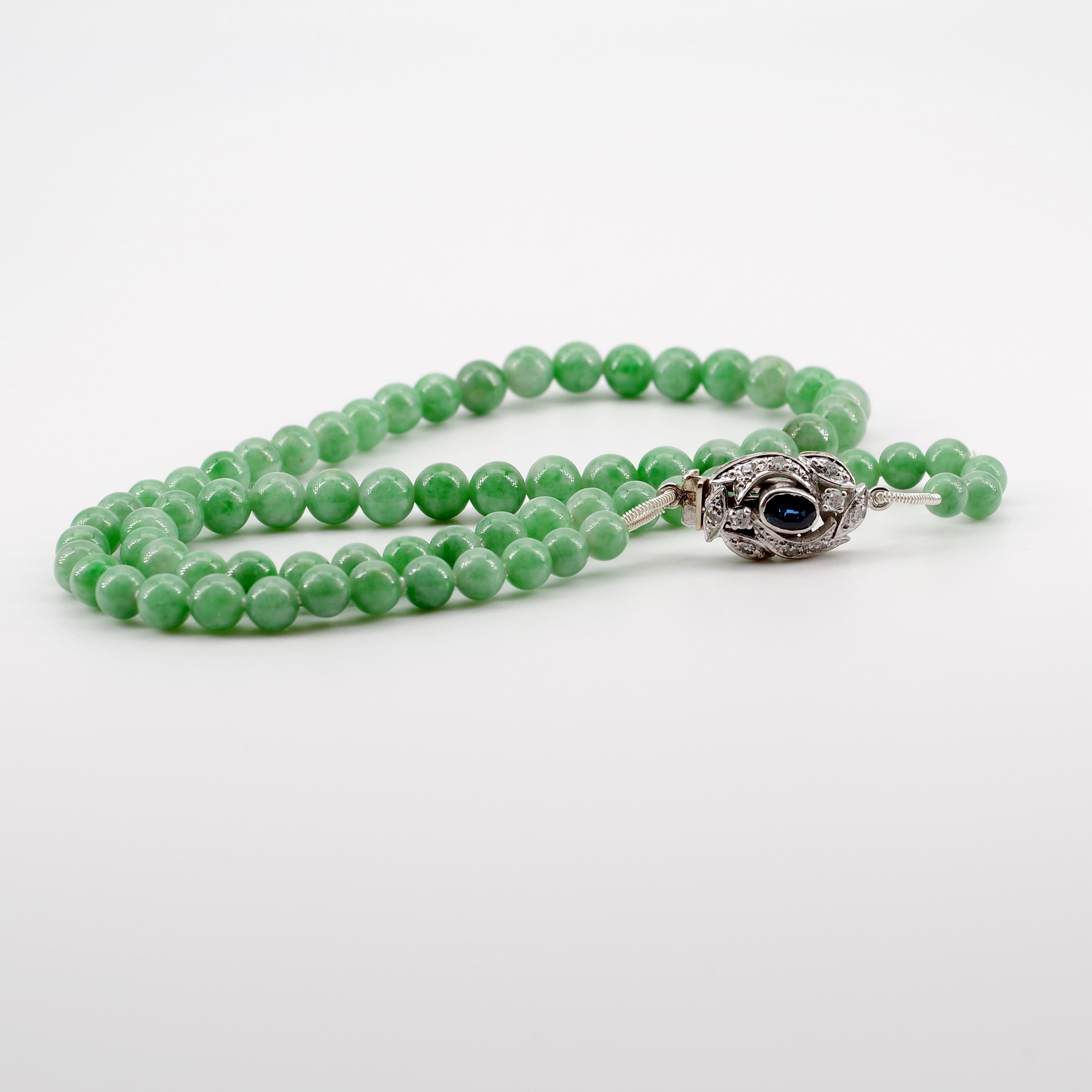 Jade Necklace with Sapphire, Diamond and 18 Karat Gold Clasp Certified Untreated In Excellent Condition In Southbury, CT