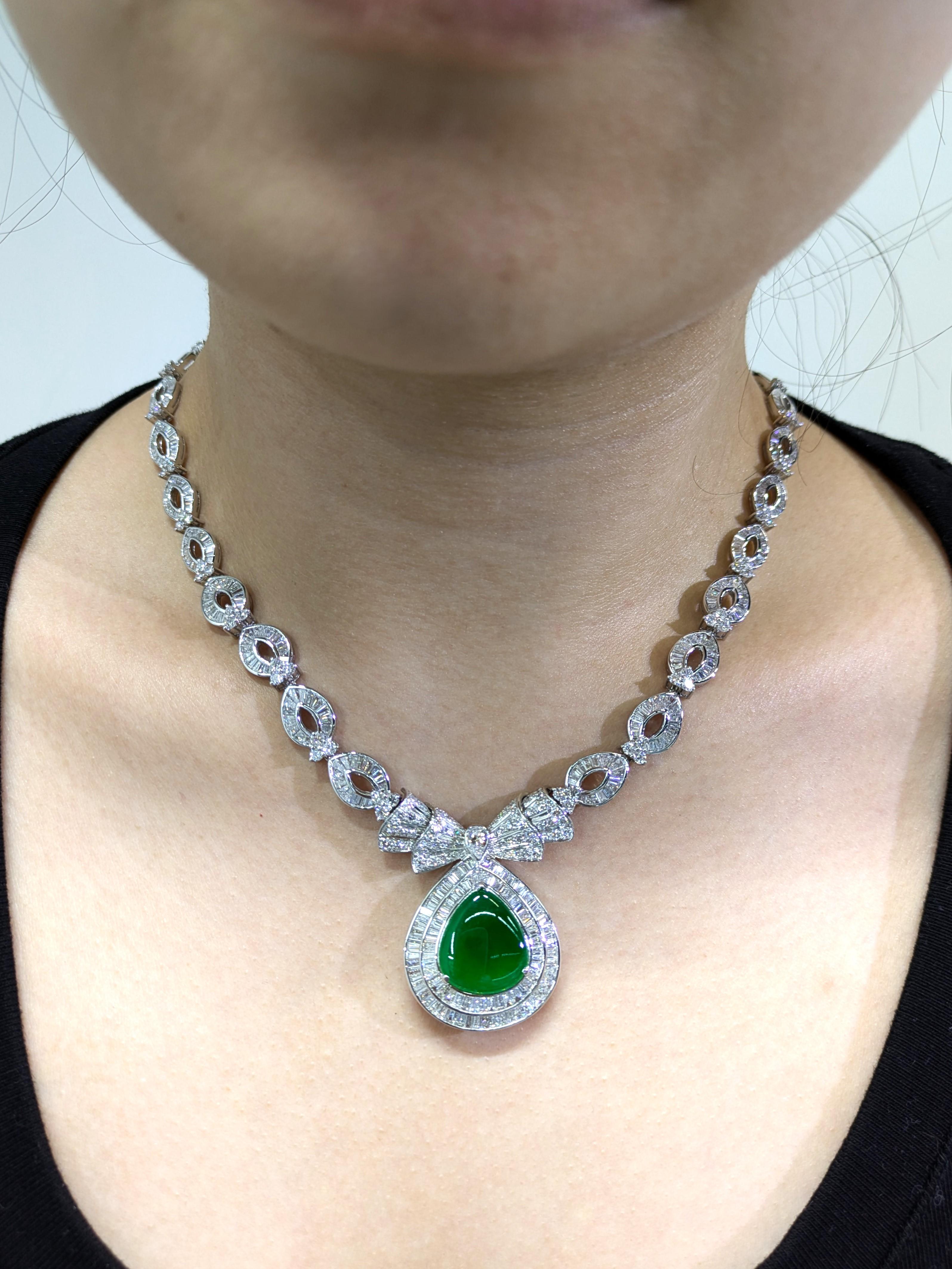 Pear Cut Certified Untreated Jadite Jade and 18Ct Diamond Necklace Brooch 18K White Gold For Sale
