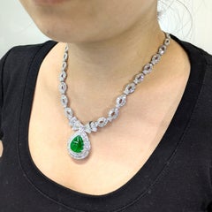 Certified Untreated Jadite Jade and 18Ct Diamond Necklace Brooch 18K White Gold