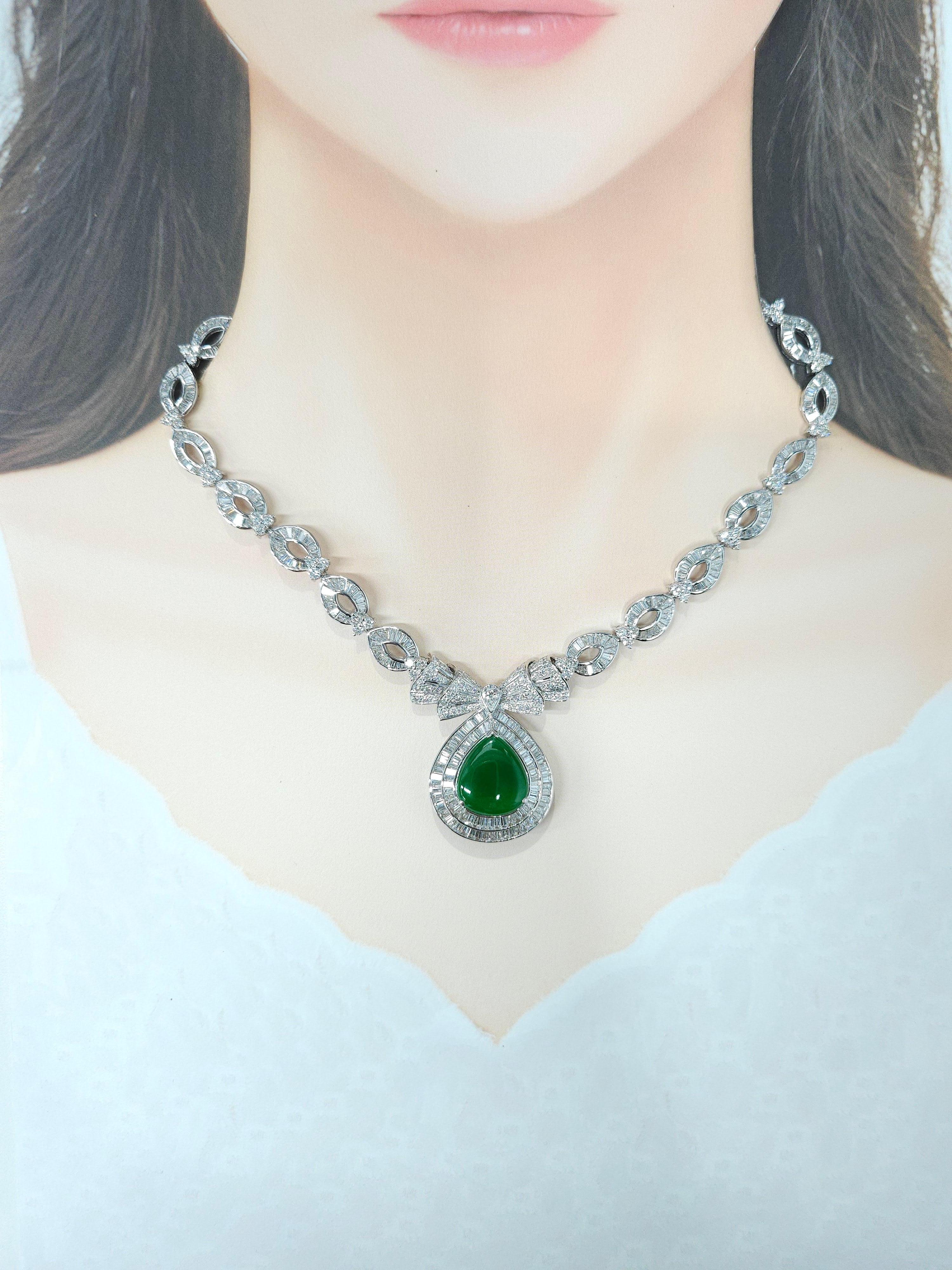Modern Certified Untreated Jadite Jade and 18Ct Diamond Necklace Brooch 18K White Gold For Sale