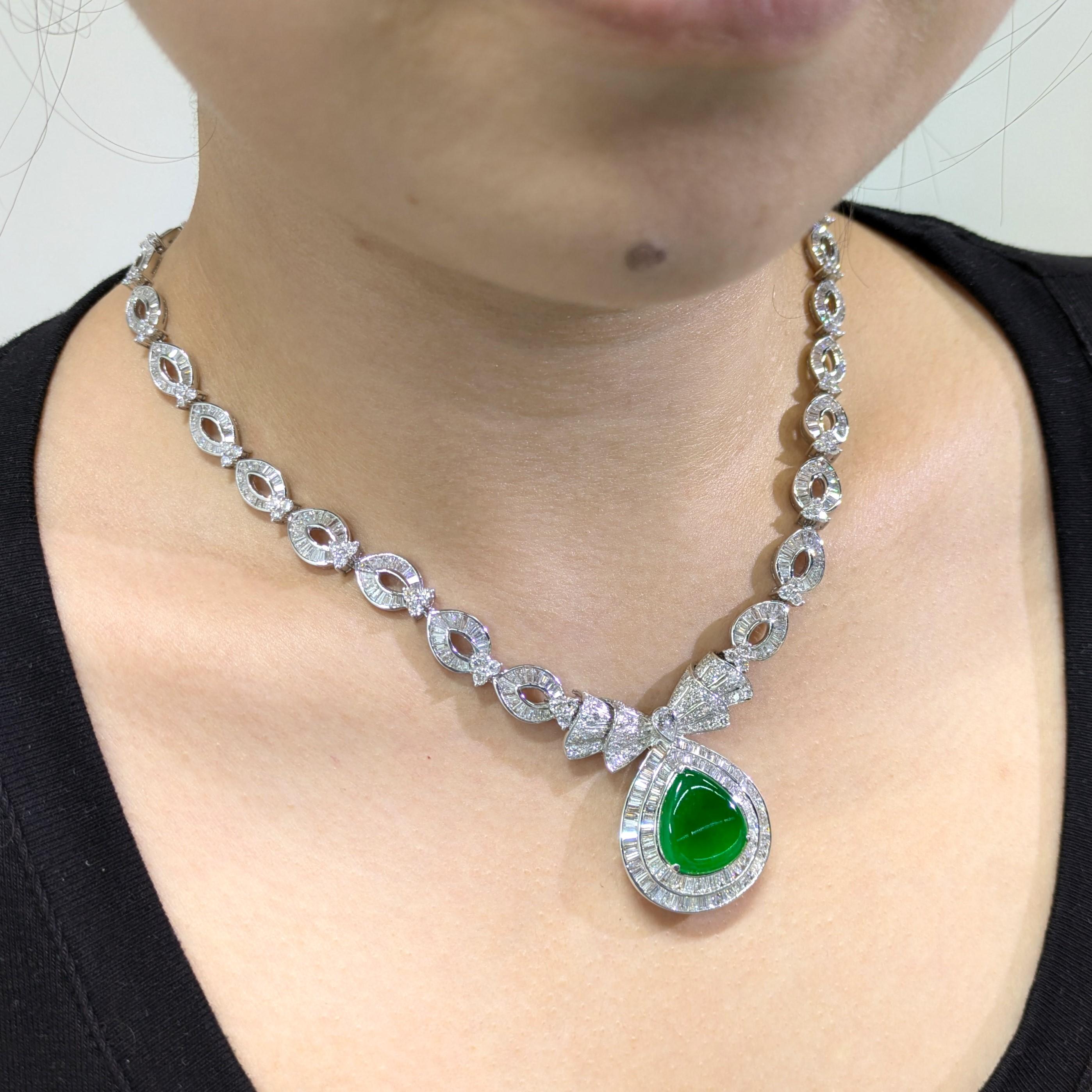 Modern Certified Untreated Jadite Jade and 18Ct Diamond Necklace Brooch 18K White Gold For Sale