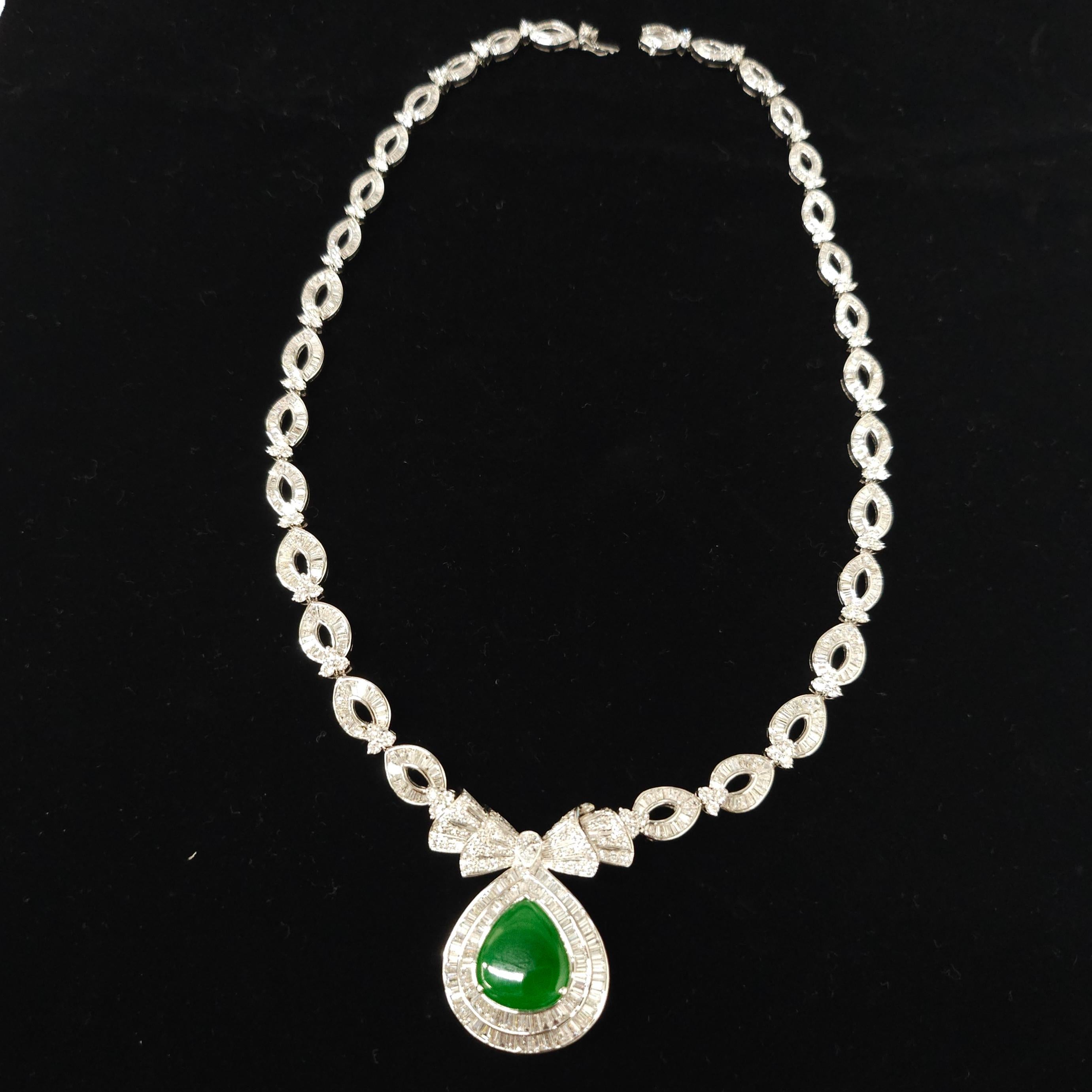 Certified Untreated Jadite Jade and 18Ct Diamond Necklace Brooch 18K White Gold For Sale 1