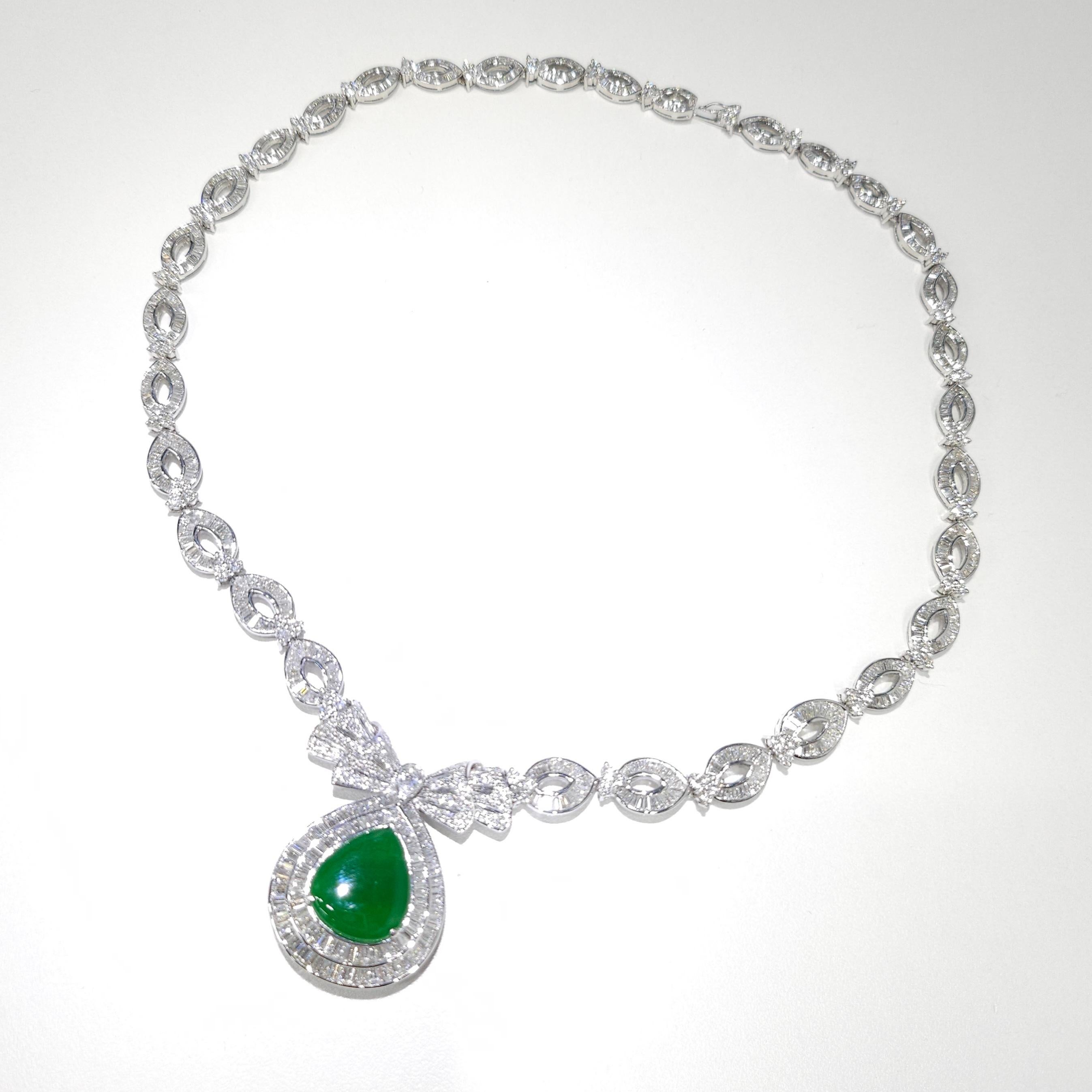 Certified Untreated Jadite Jade and 18Ct Diamond Necklace Brooch 18K White Gold For Sale 2
