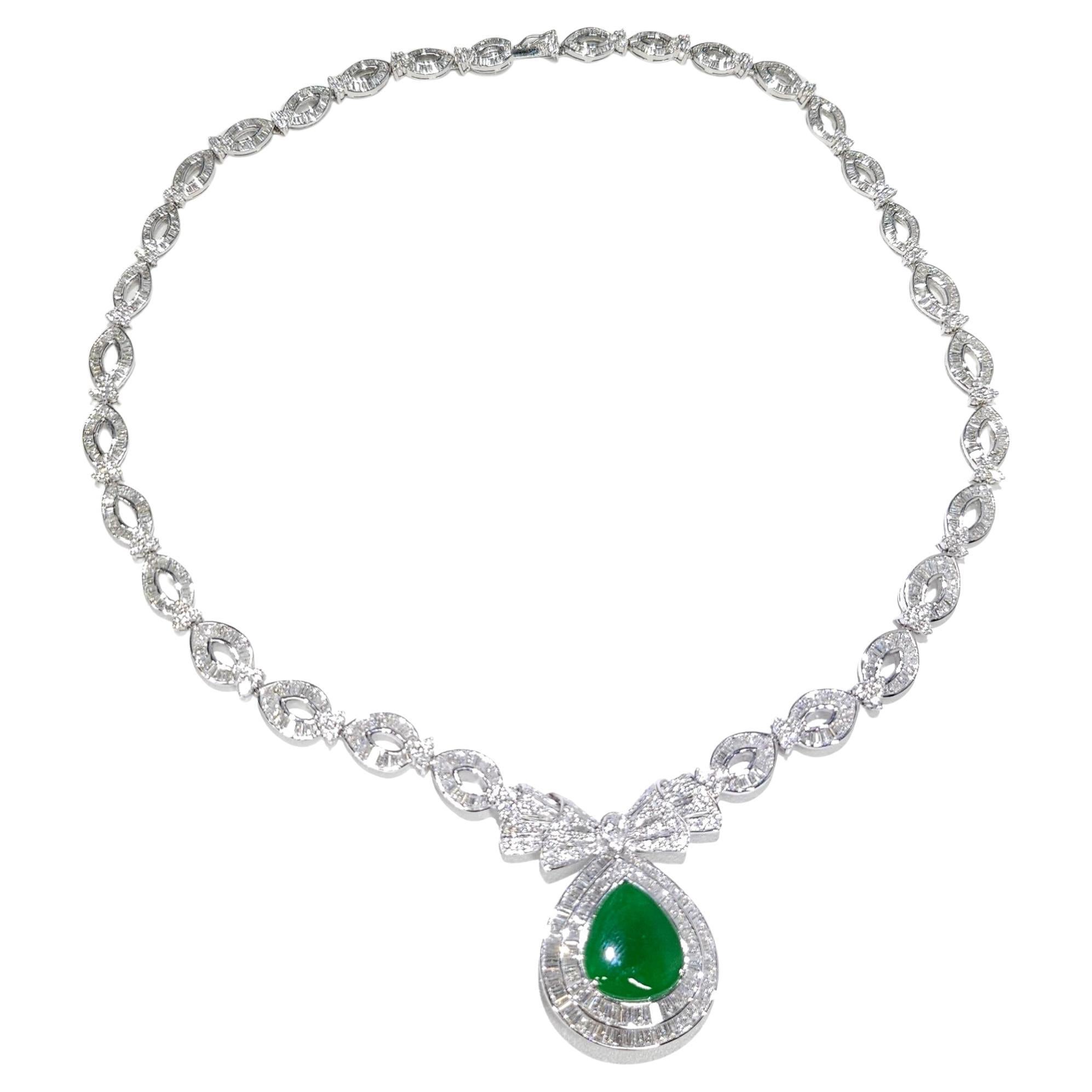 Certified Untreated Jadite Jade and 18Ct Diamond Necklace Brooch 18K White Gold For Sale
